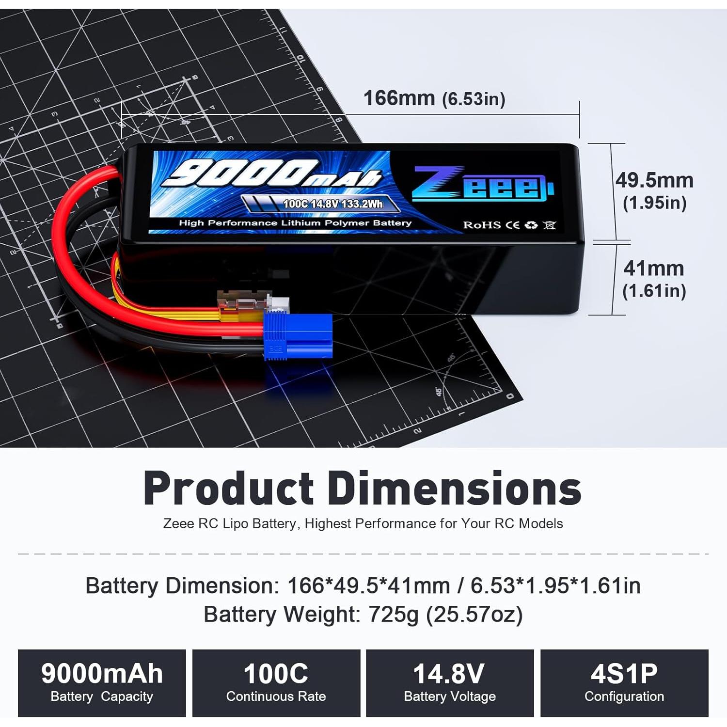 Batería Lipo Zeee 4S 9000mAh 14.8V 100C EC5 - Paquete de 2