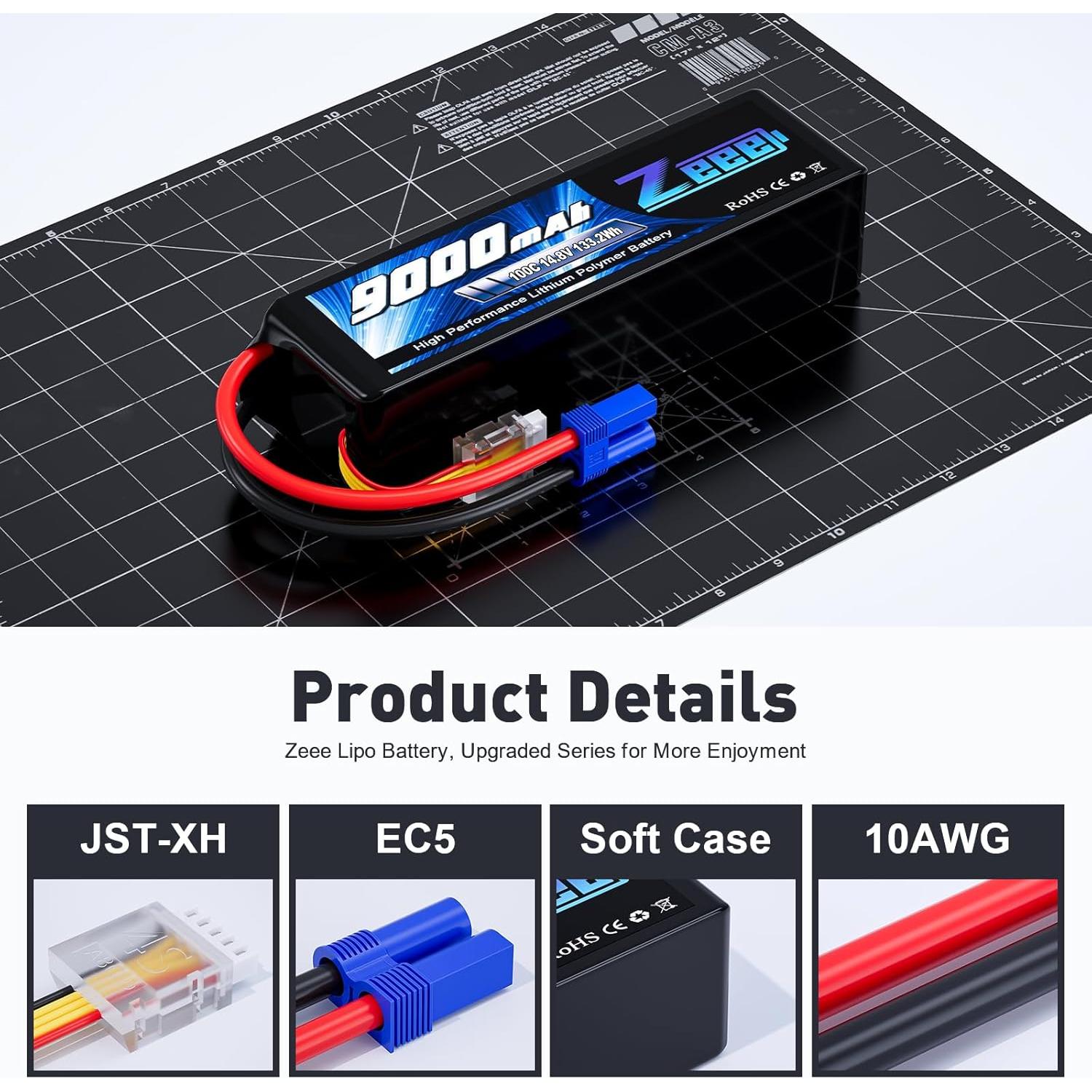 Batería Lipo Zeee 4S 9000mAh 14.8V 100C EC5 - Paquete de 2