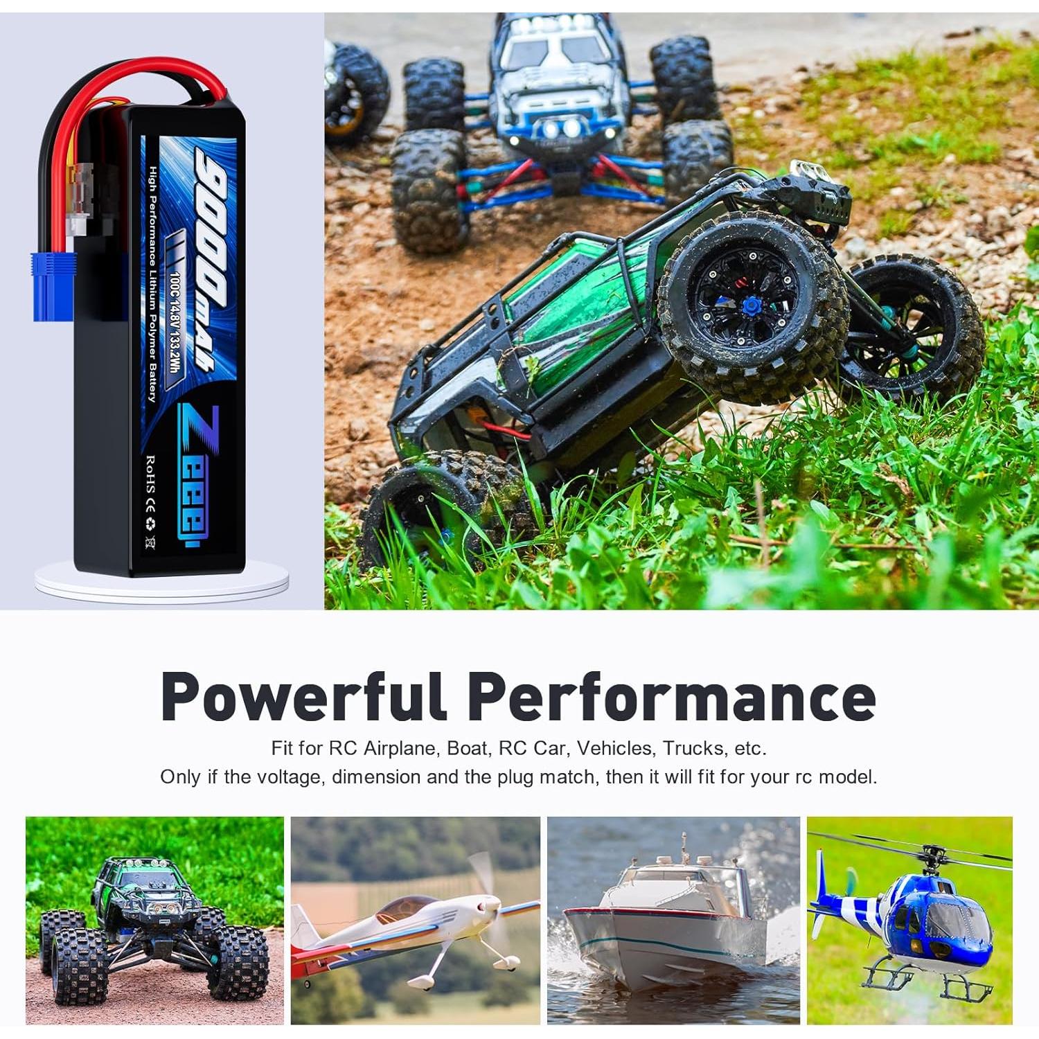 Batería Lipo Zeee 4S 9000mAh 14.8V 100C EC5 - Paquete de 2