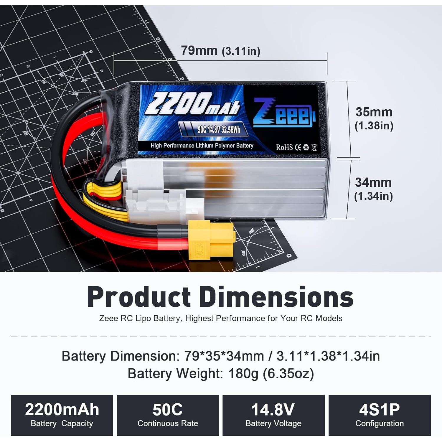 Batería Lipo Zeee 4S 2200mAh 50C 14.8V con Conector XT60 - 2 Paquetes