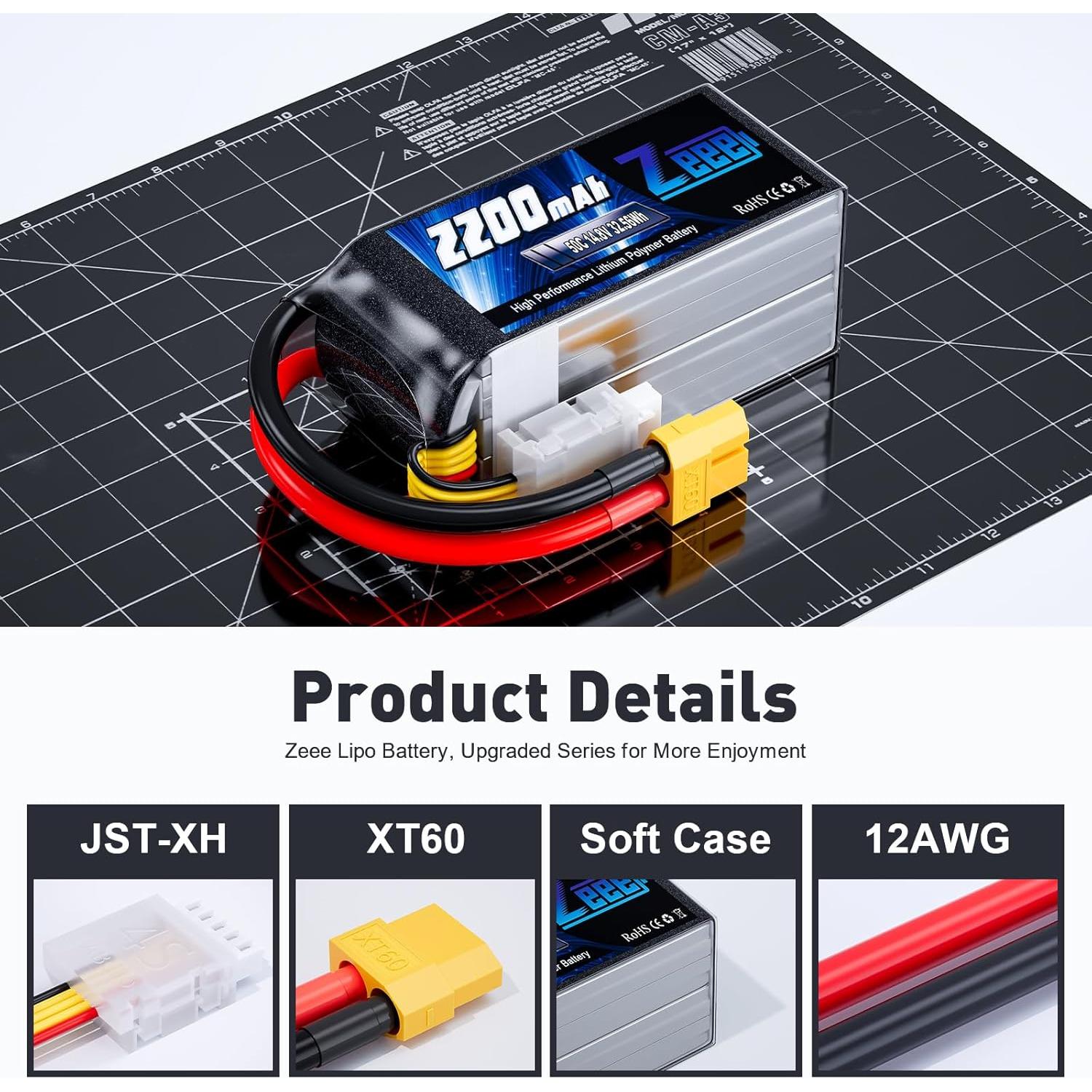 Batería Lipo Zeee 4S 2200mAh 50C 14.8V con Conector XT60 - 2 Paquetes