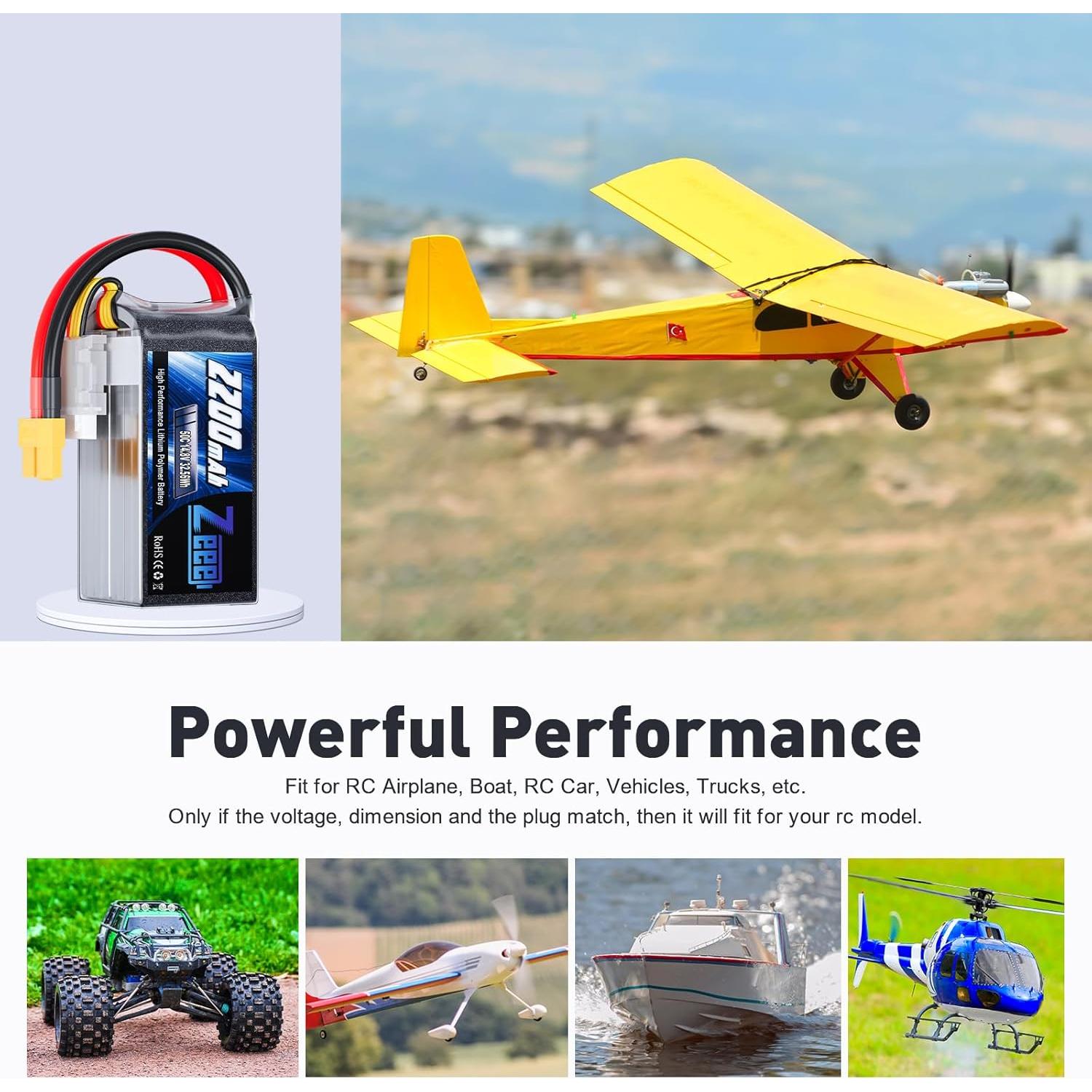 Batería Lipo Zeee 4S 2200mAh 50C 14.8V con Conector XT60 - 2 Paquetes