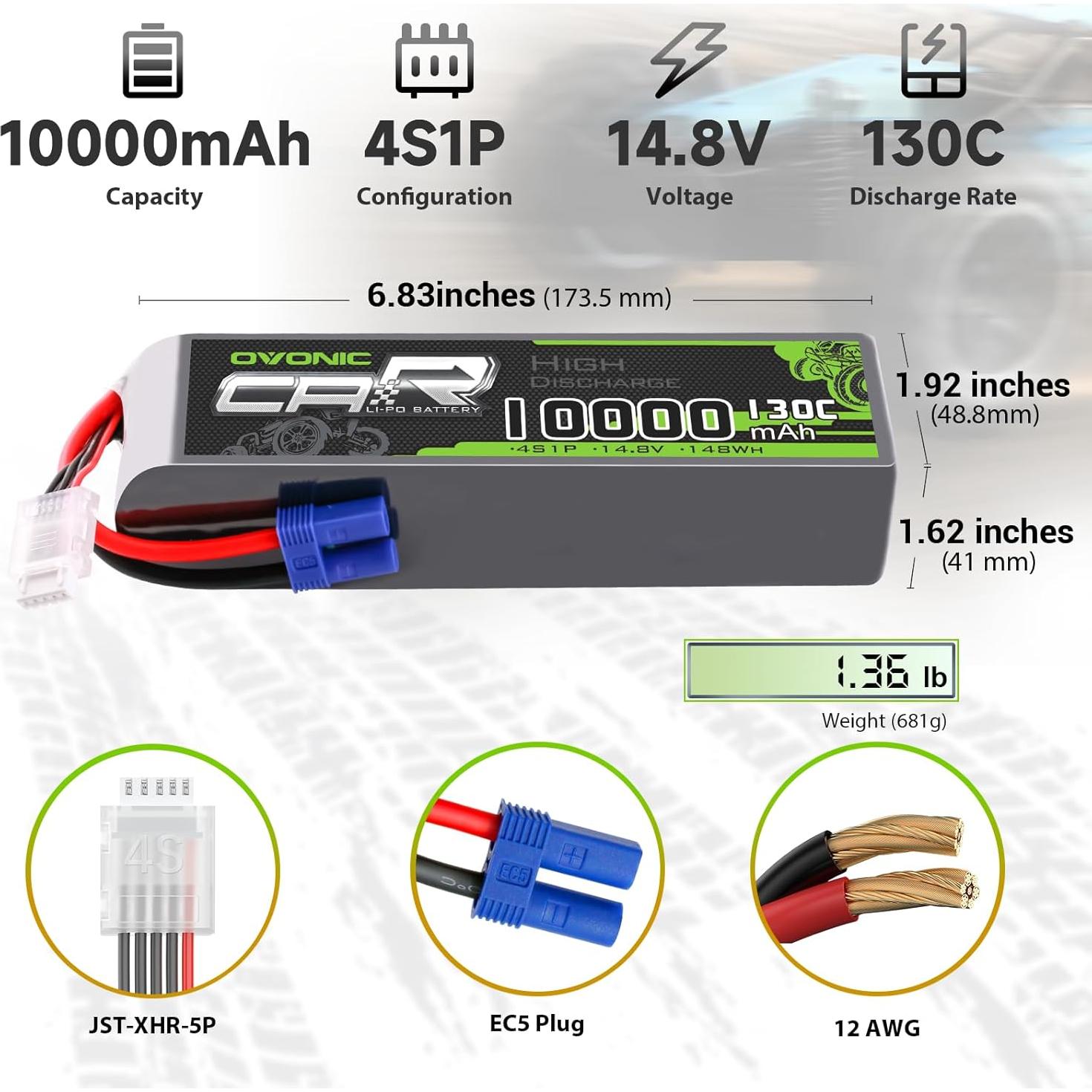 Batería LiPo OVONIC 4S 10000mAh 14.8V 130C EC5 - Paquete de 2