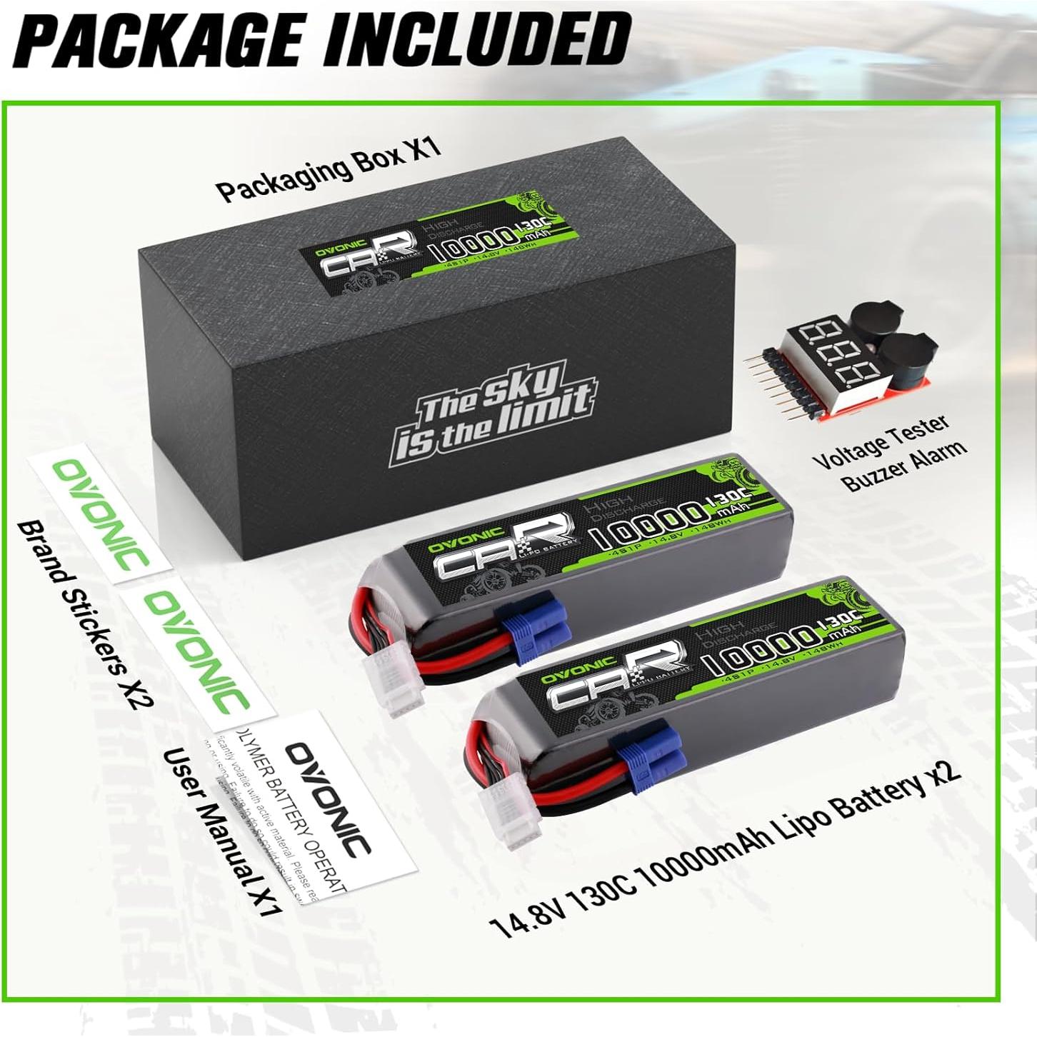 Batería LiPo OVONIC 4S 10000mAh 14.8V 130C EC5 - Paquete de 2