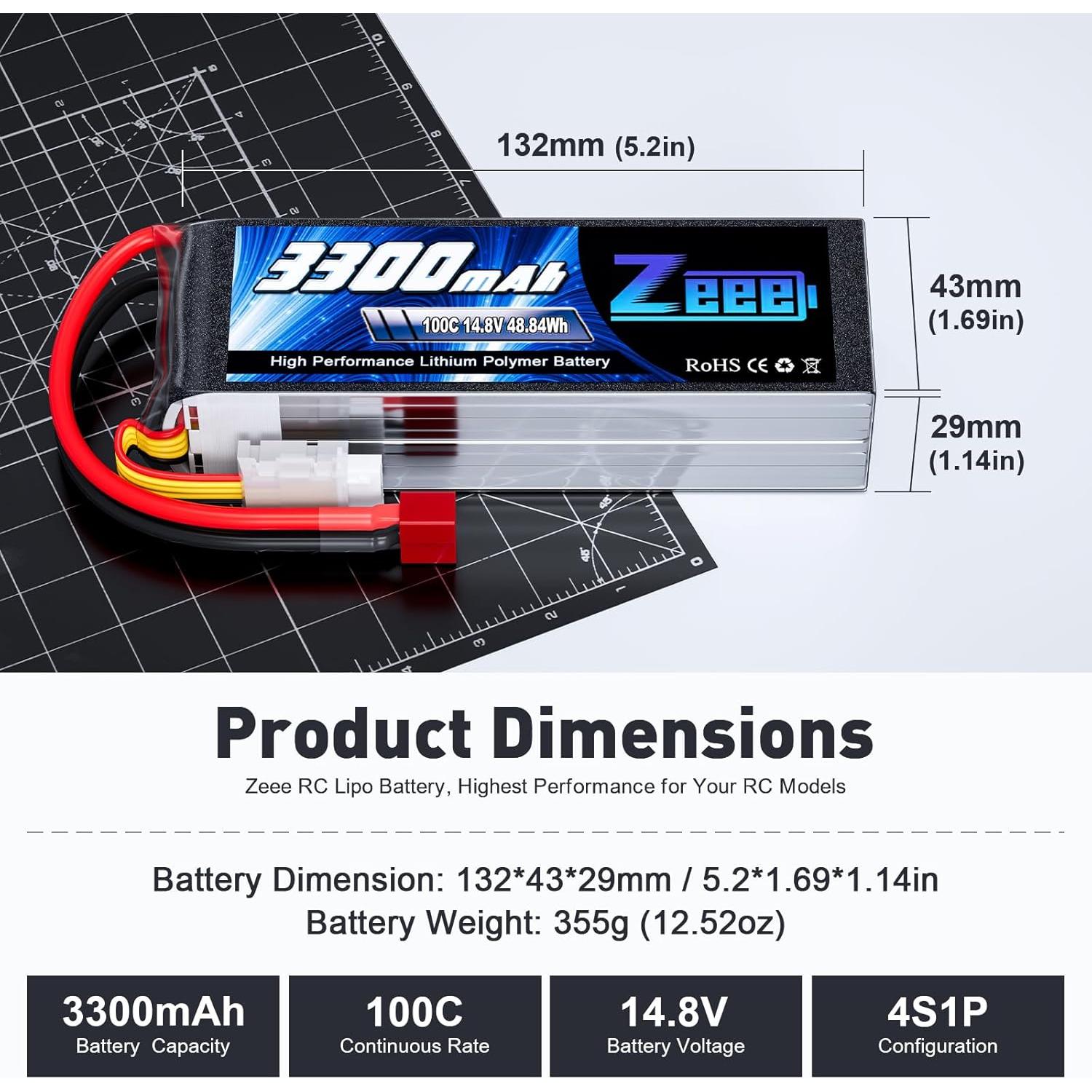 Batería Lipo Zeee 4S 3300mAh 14.8V 100C con Conector T - 2 Paquete