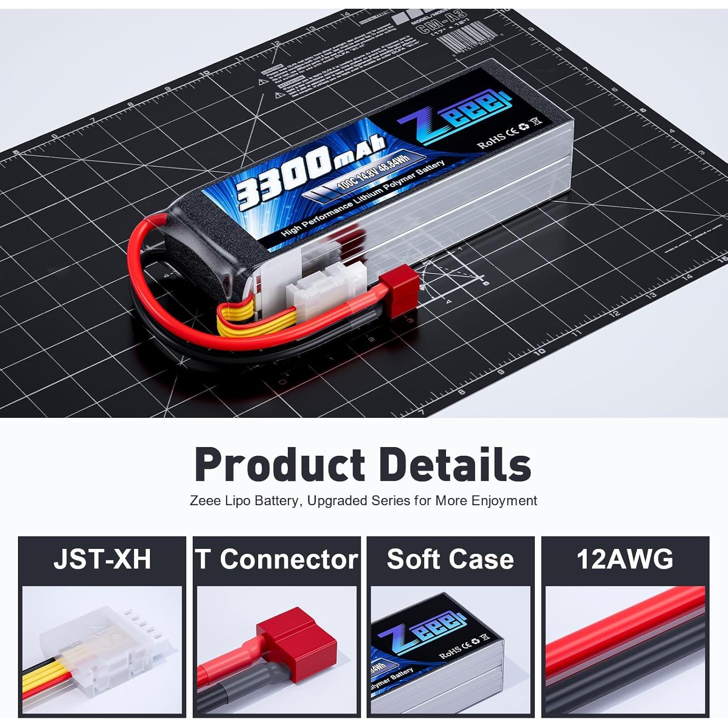 Batería Lipo Zeee 4S 3300mAh 14.8V 100C con Conector T - 2 Paquete