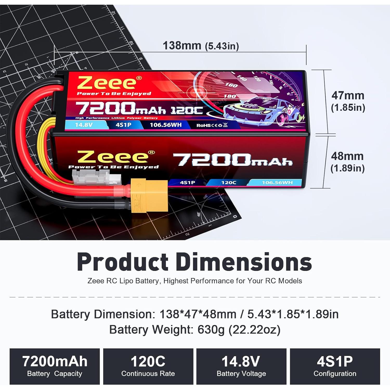 Batería Lipo Zeee 4S 7200mAh 14.8V 120C con XT90 - Paquete de 2