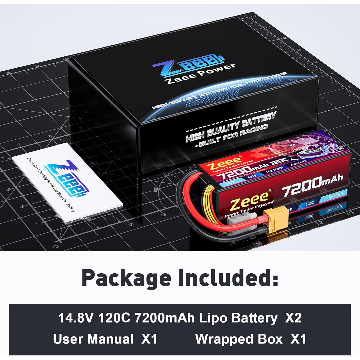 Batería Lipo Zeee 4S 7200mAh 14.8V 120C con XT90 - Paquete de 2