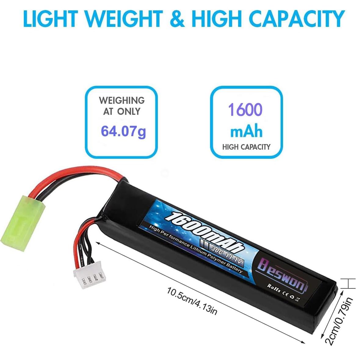 Batería Lipo Airsoft 11.1V 1600mAh 30C Mini Tamiya + Cargador