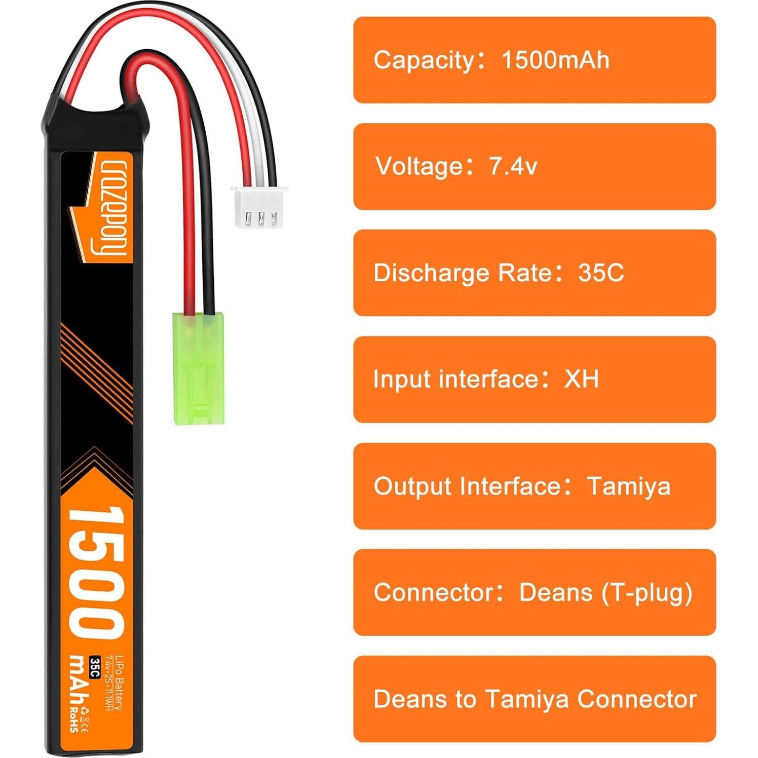 Batería Recargable Crazepony 7.4V 1500mAh LiPo para Airsoft