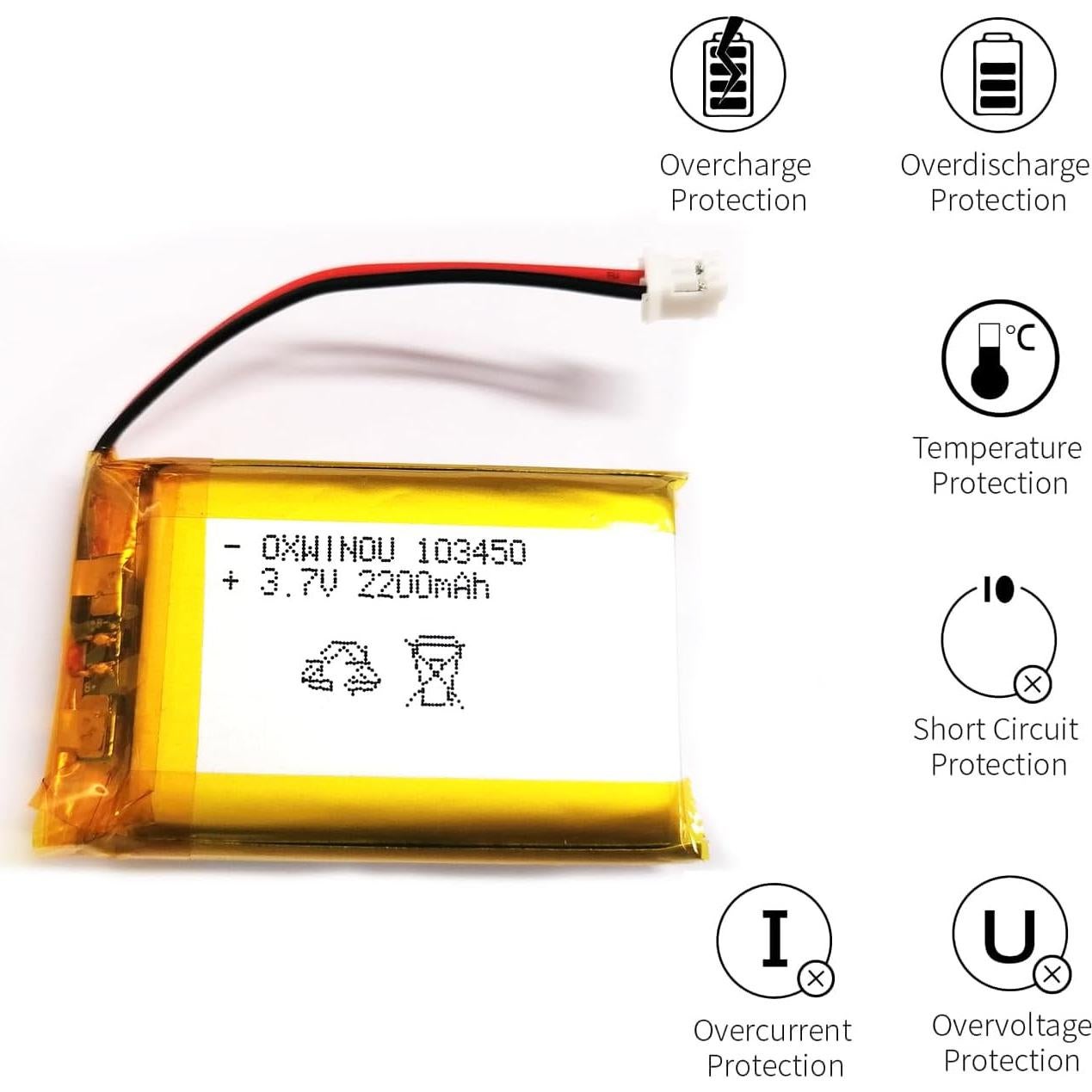 Lithium Polymer Battery 3.7V 2200mAh 103450 Lipo Rechargeable Battery Pack with 2 Wires JST 2.0mm Connector for Speaker and Wireless Device(1-Pack)