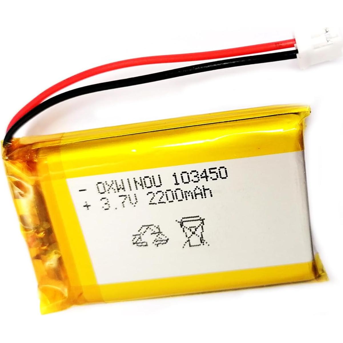 Lithium Polymer Battery 3.7V 2200mAh 103450 Lipo Rechargeable Battery Pack with 2 Wires JST 2.0mm Connector for Speaker and Wireless Device(1-Pack)