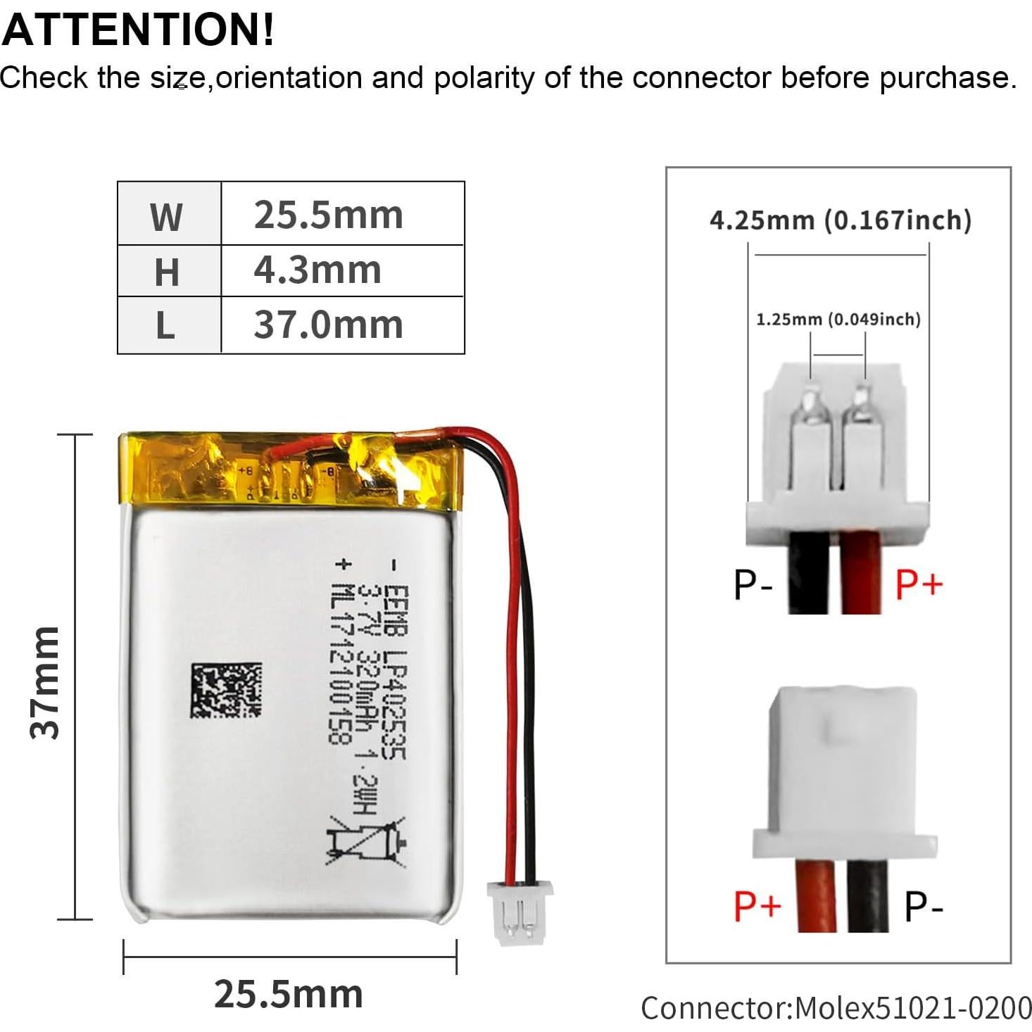 Batería de Polímero de Litio EEMB 3.7V 320mAh 4 Pack