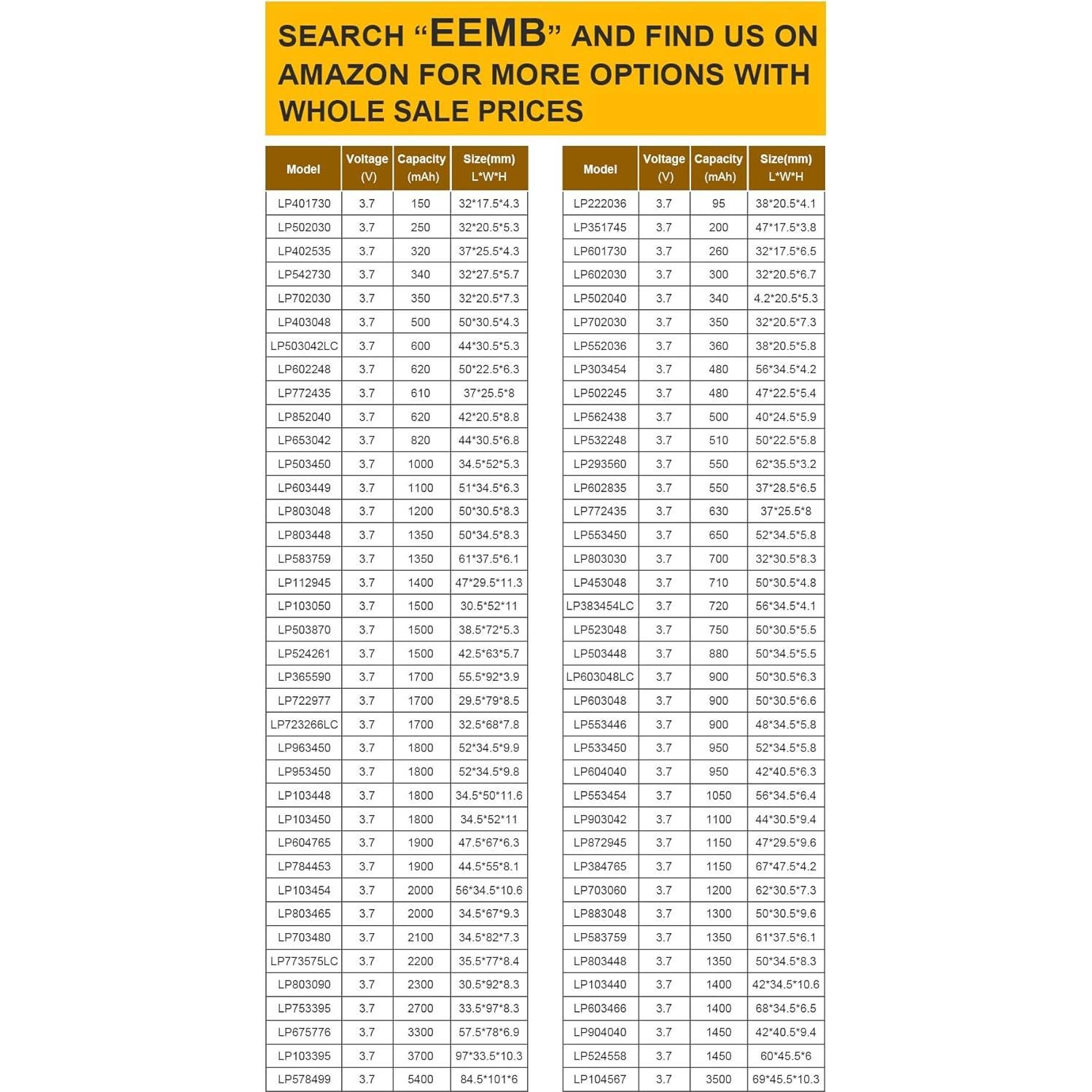 Batería de Polímero de Litio EEMB 3.7V 320mAh 4 Pack