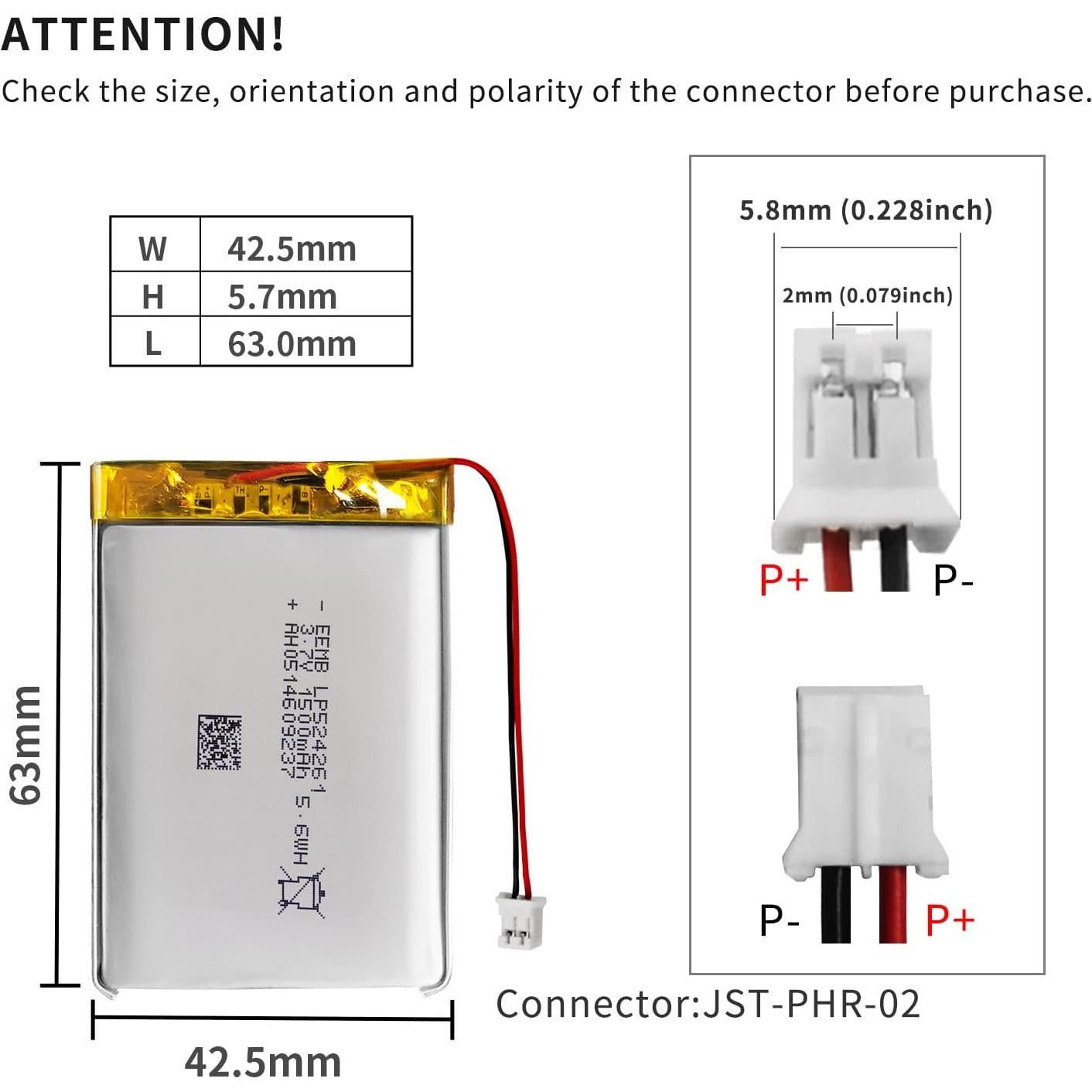 Batería de polímero de litio EEMB 3.7V 1500mAh 524261