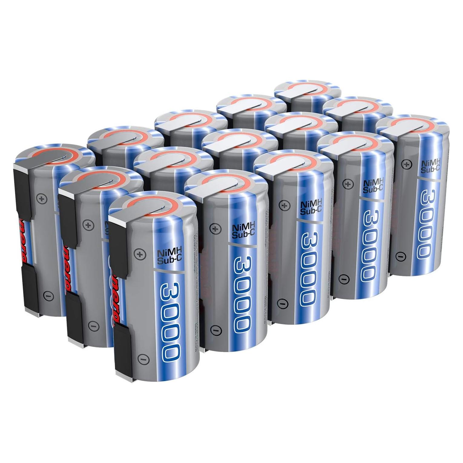 Baterías recargables Tenergy NiMH SubC 1.2V 3000mAh - Paquete de 15