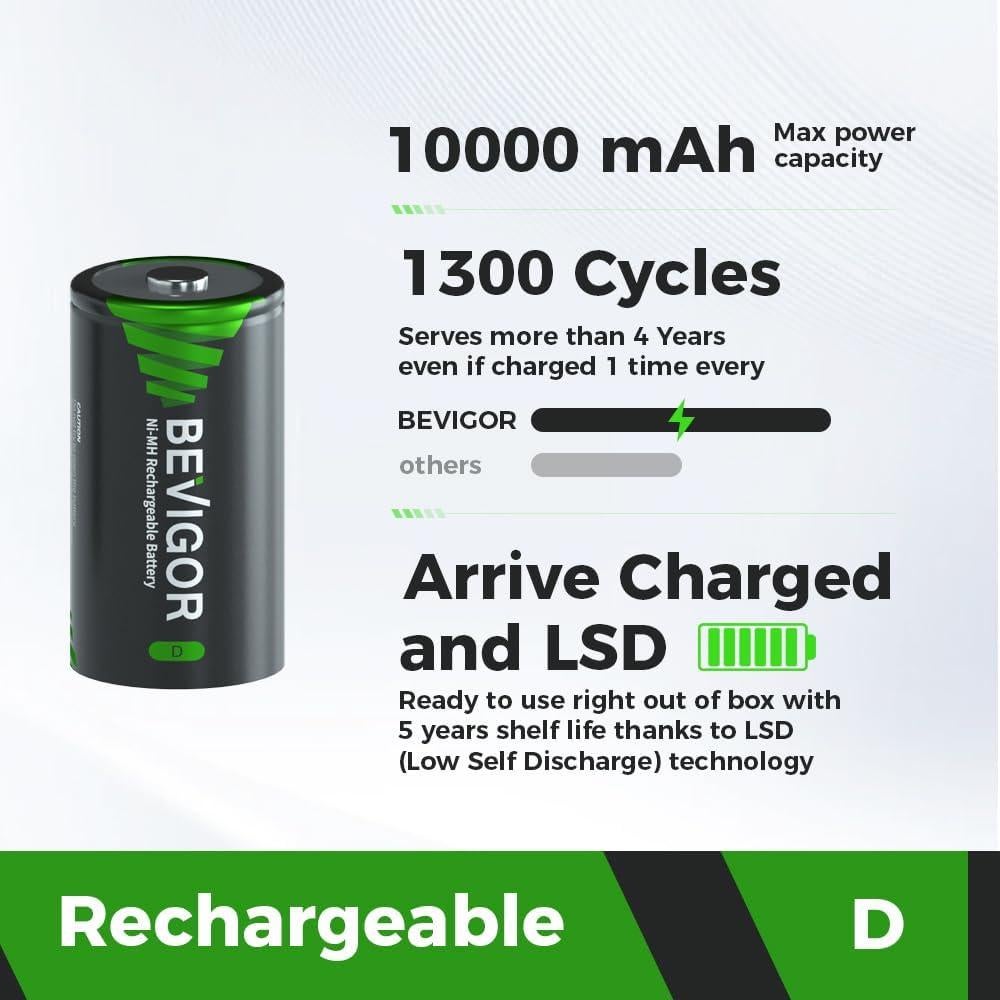 Baterías D Recargables BEVIGOR 10000mAh - Paquete de 4