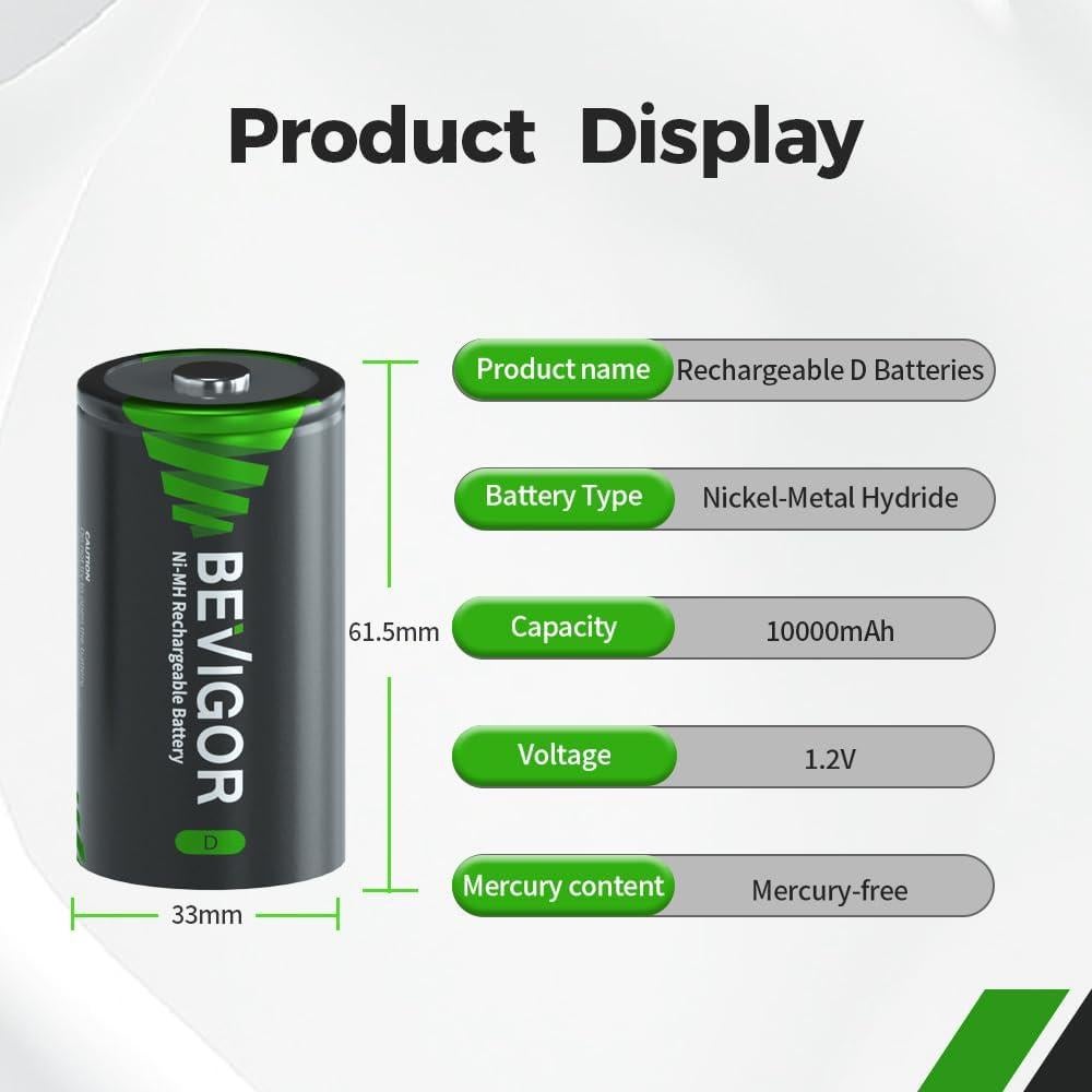 Baterías D Recargables BEVIGOR 10000mAh - Paquete de 4