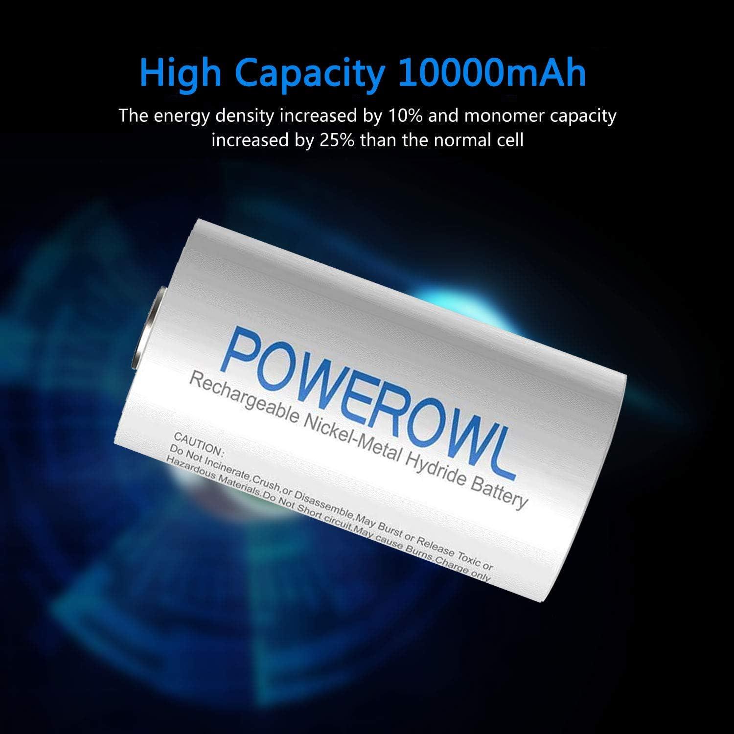 Baterías recargables D POWEROWL 10000mAh NiMH 4 unidades