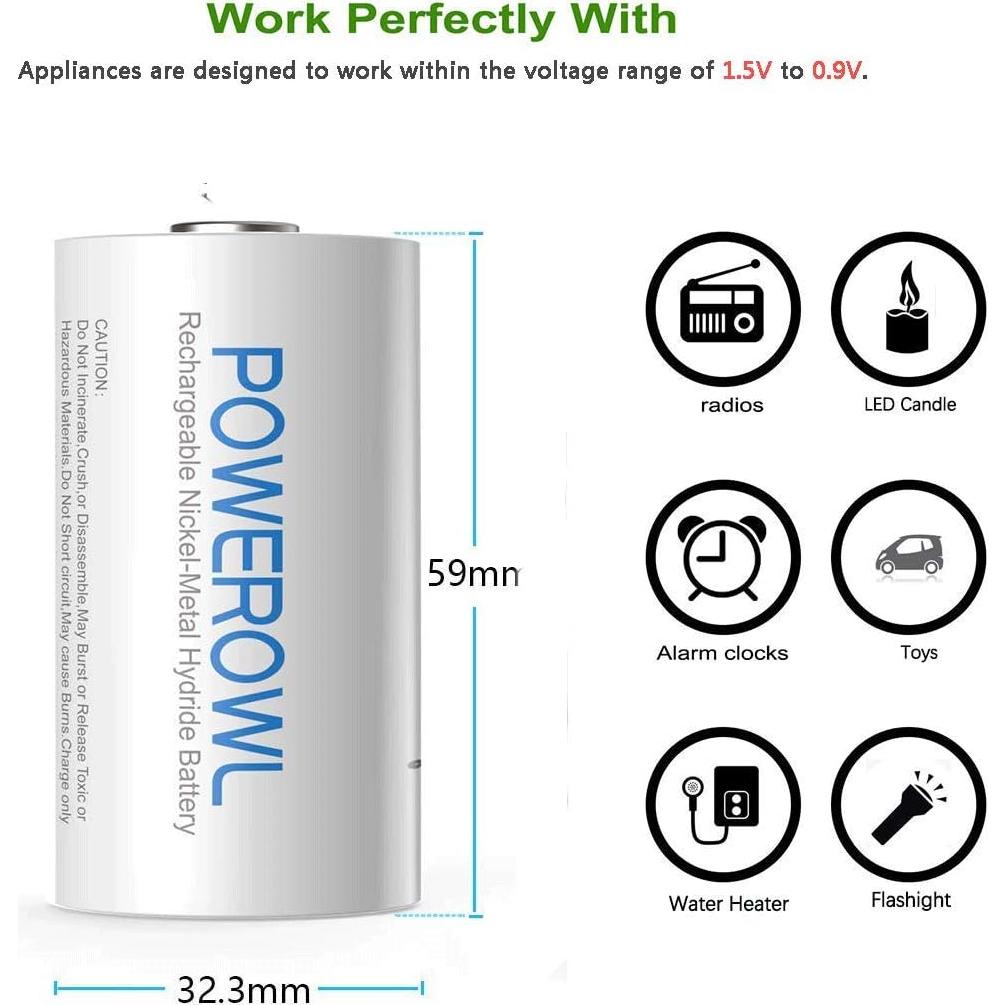 Baterías recargables D POWEROWL 10000mAh NiMH 4 unidades