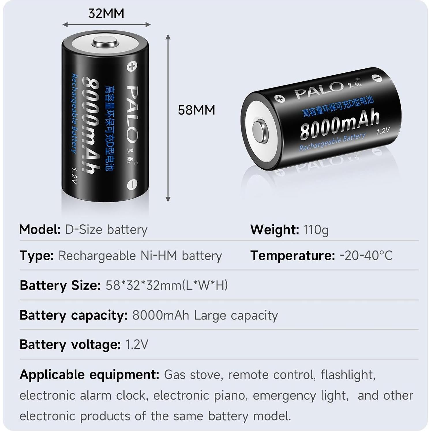 Paquete de 6 Baterías Recargables D Ni-MH 8000mAh con Estuche