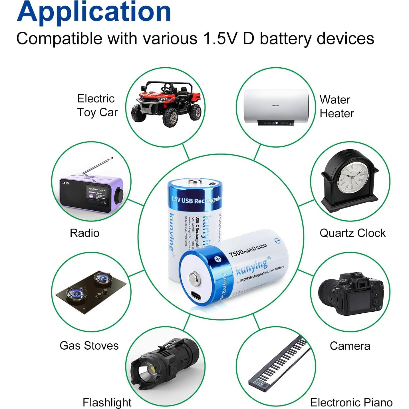 Paquete de 4 Baterías Recargables D 7500mAh Kunying con USB-C