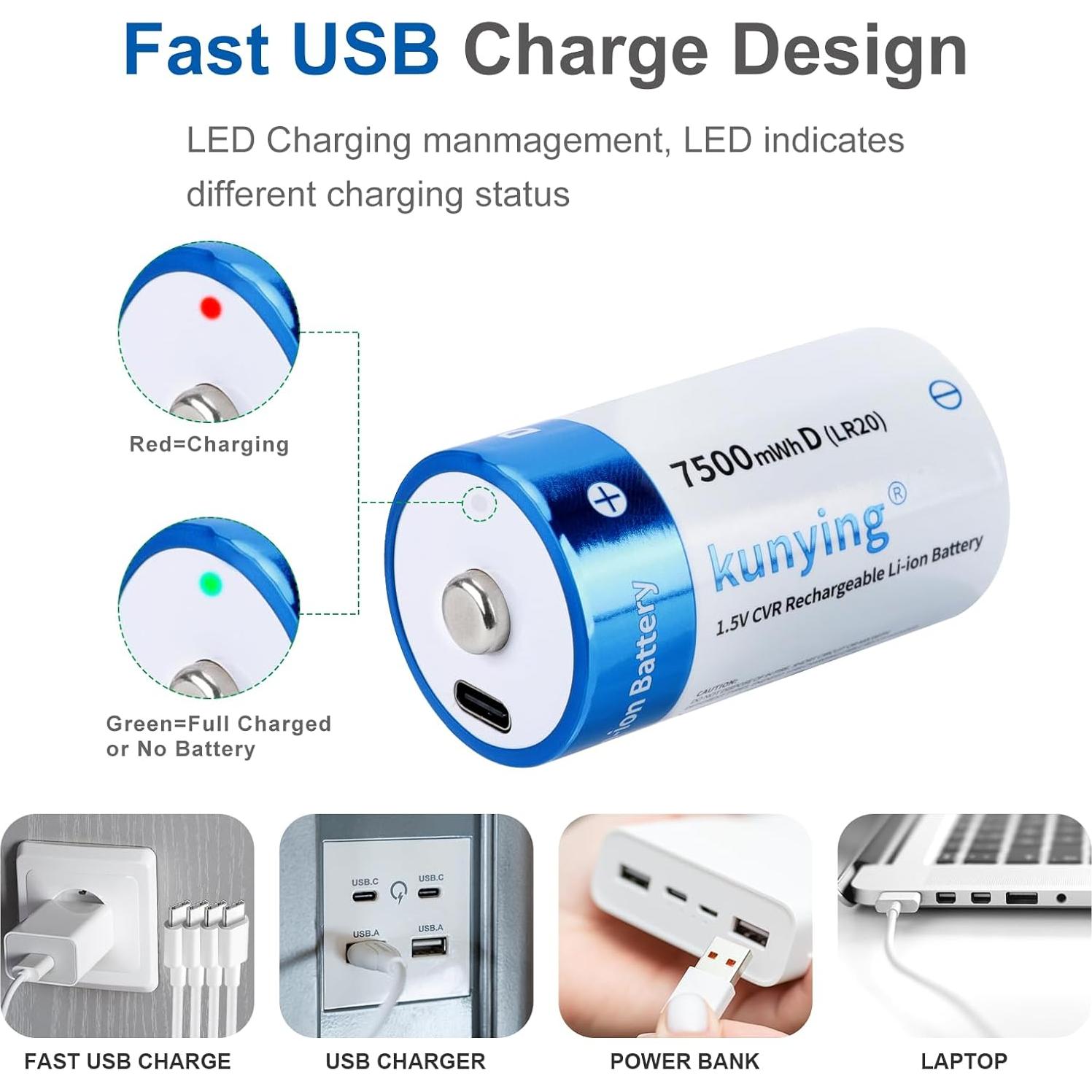 Paquete de 4 Baterías Recargables D 7500mAh Kunying con USB-C