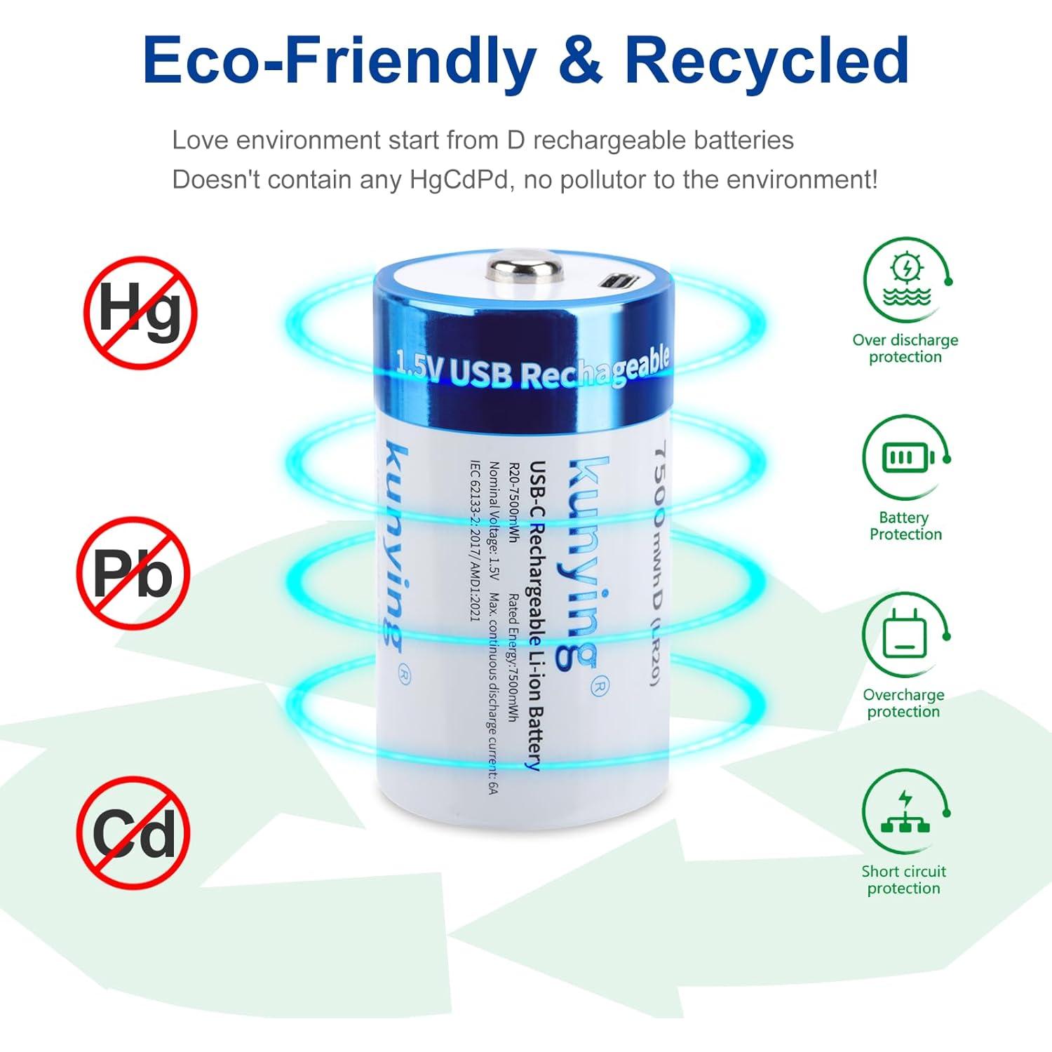 Paquete de 4 Baterías Recargables D 7500mAh Kunying con USB-C