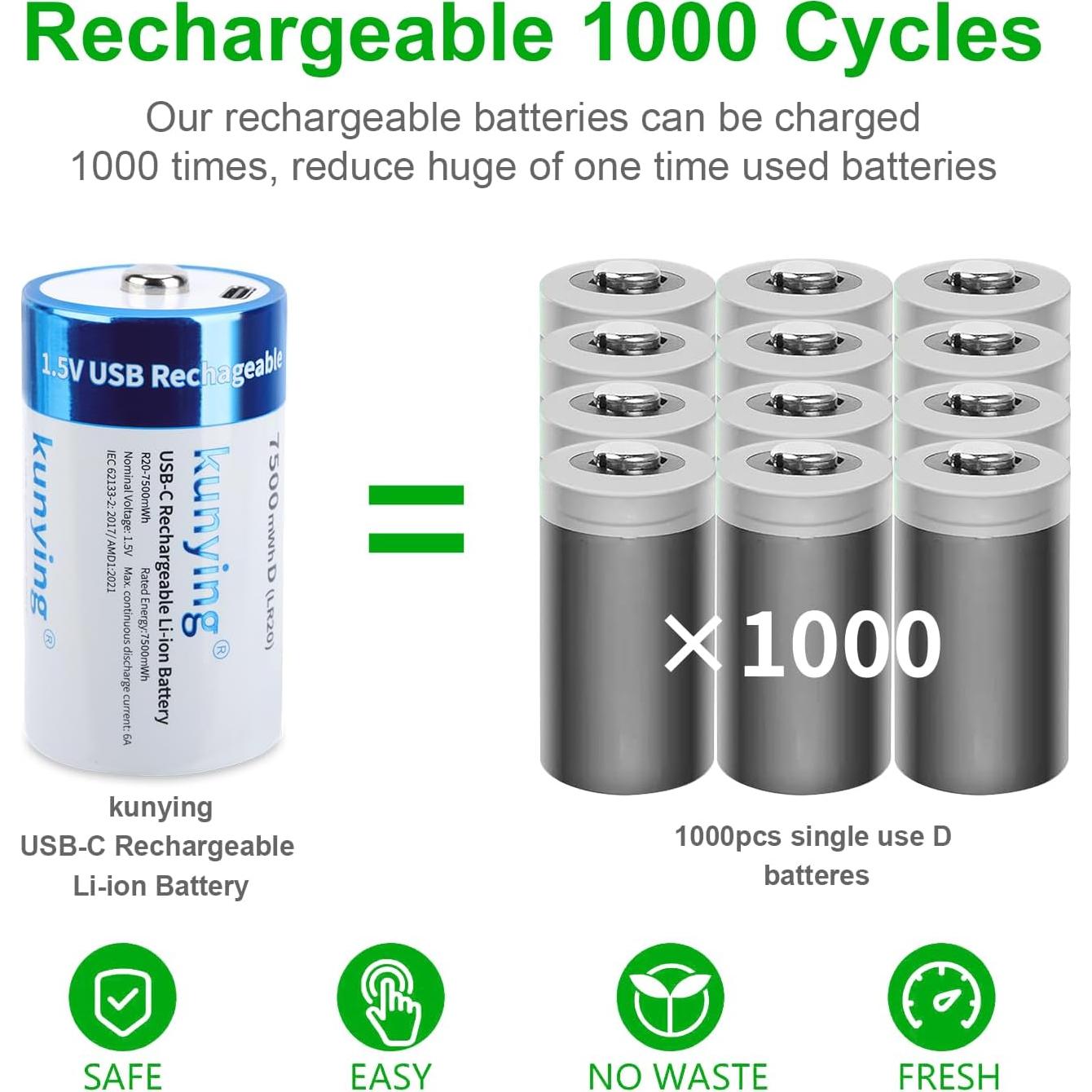 Paquete de 4 Baterías Recargables D 7500mAh Kunying con USB-C