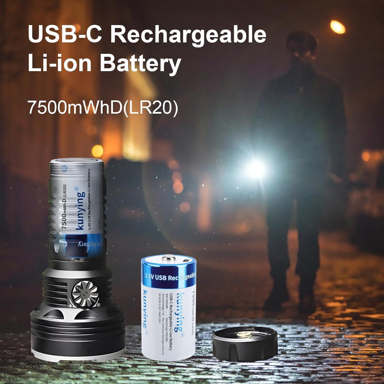 Paquete de 4 Baterías Recargables D 7500mAh Kunying con USB-C