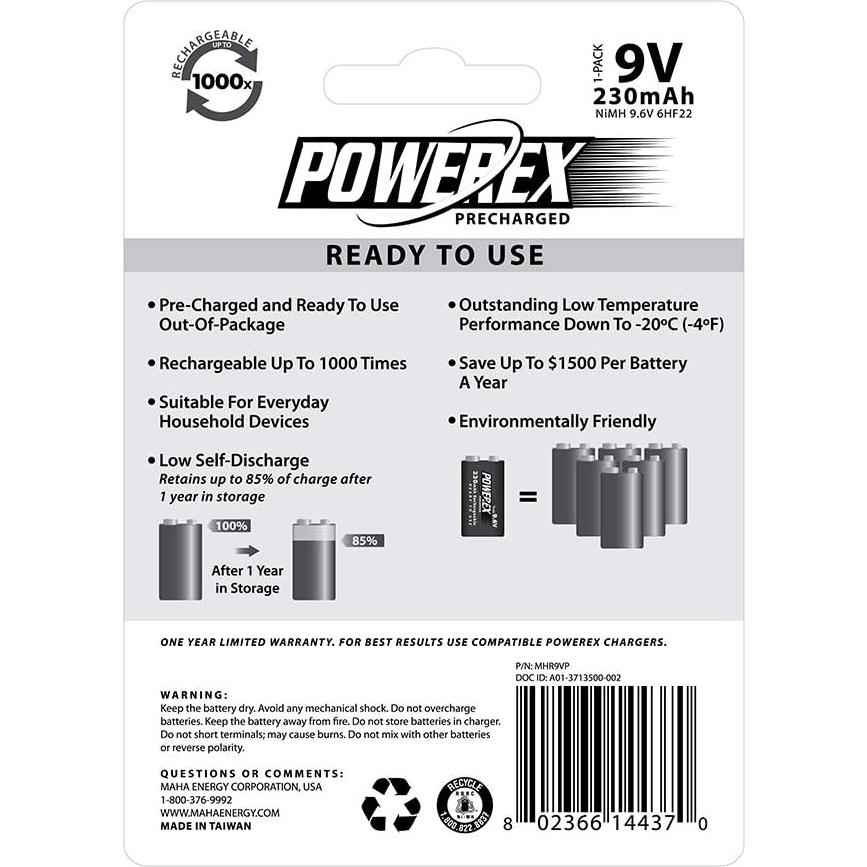 Batería recargable NiMH Powerex MHR9VP 9V 230mAh precargada
