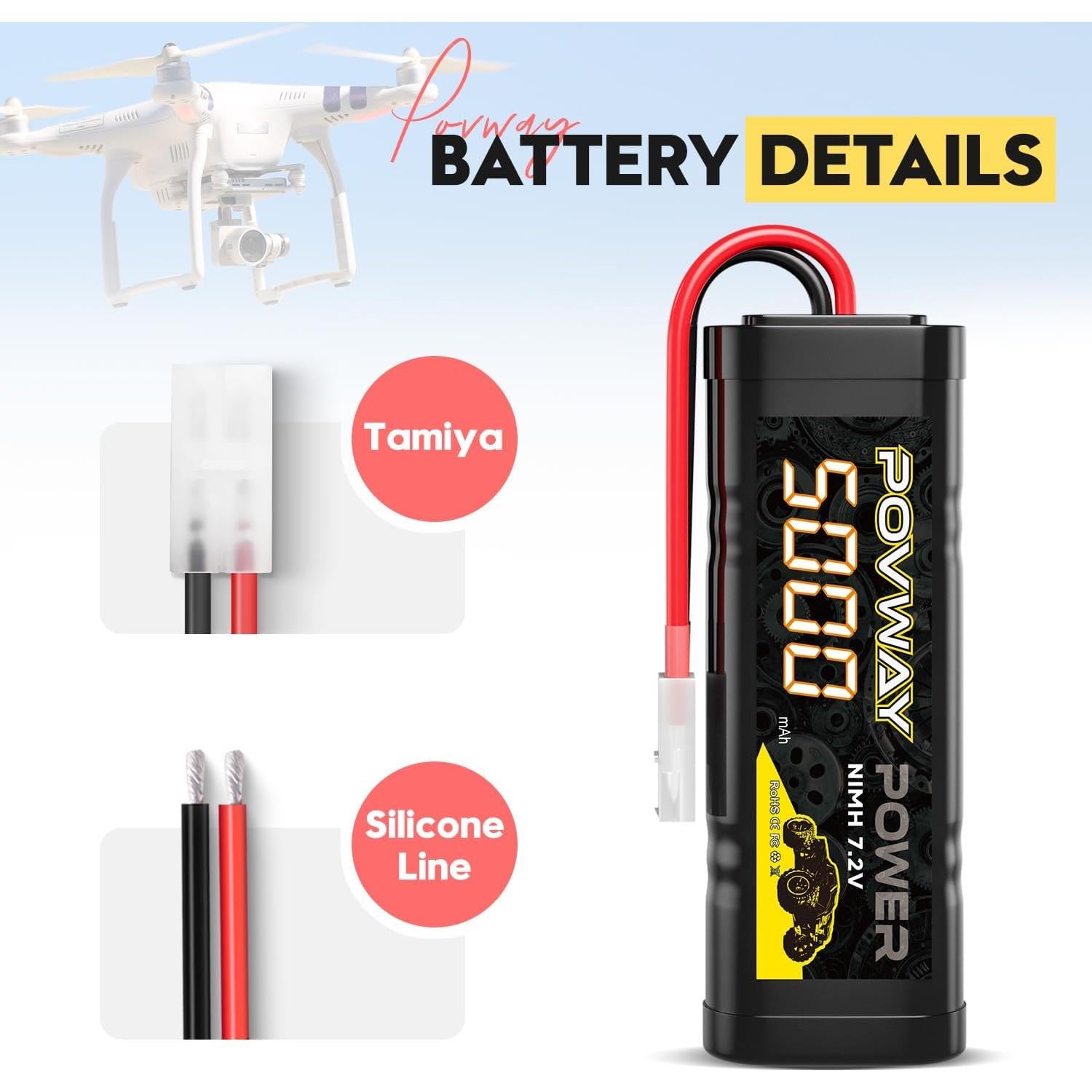 Batería NiMH 5000mAh 7.2V Tamiya 2 Pack para RC POVWAY