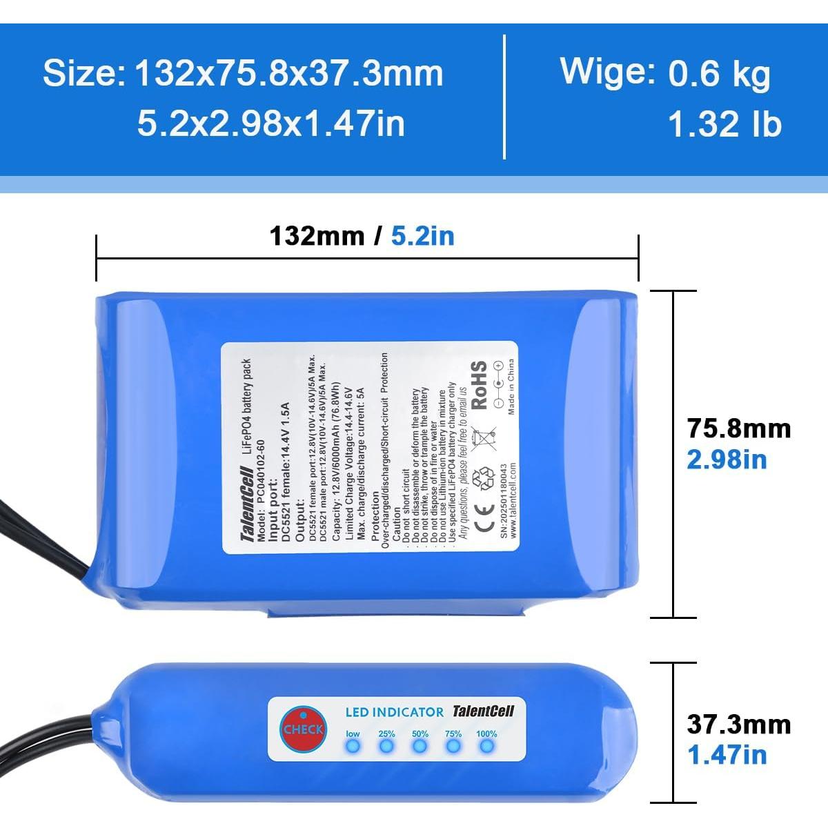 Batería LiFePO4 TalentCell 12V 6000mAh 76.8Wh Recargable