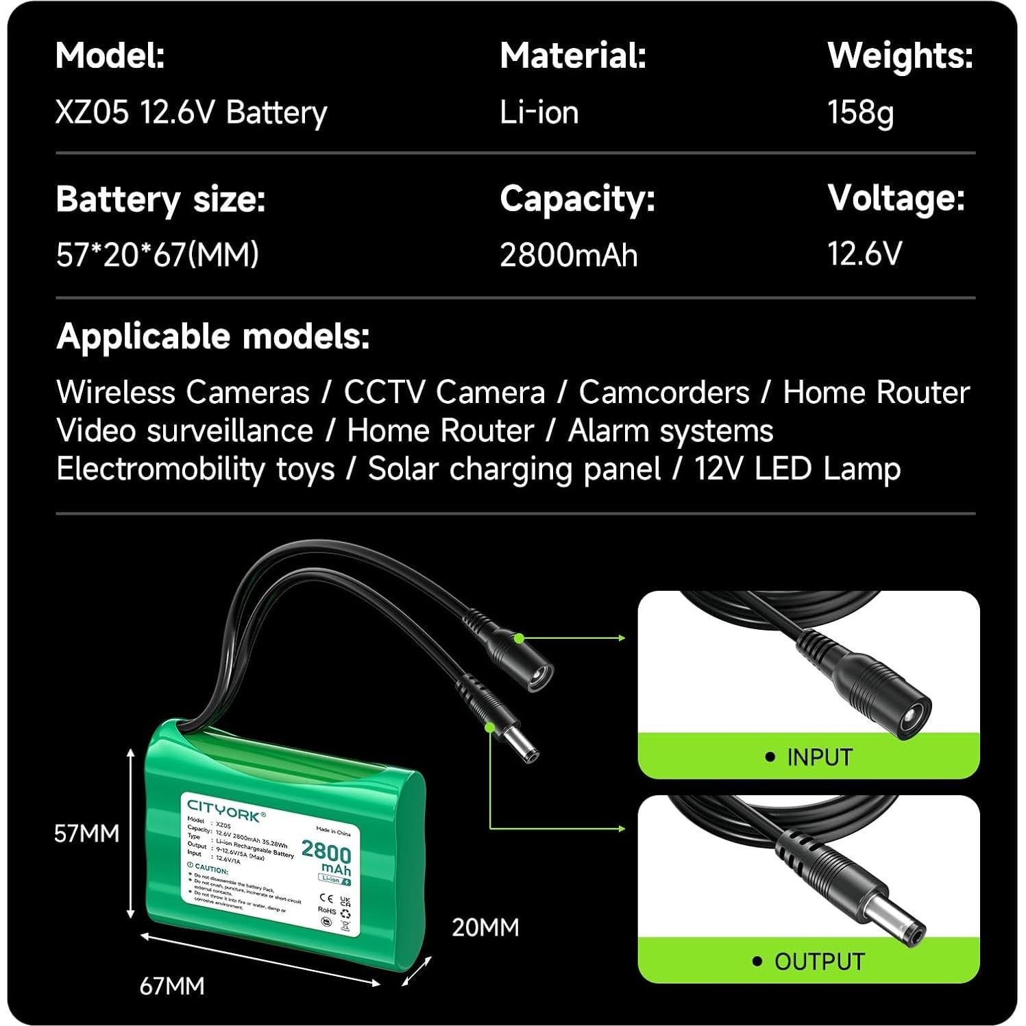 Batería de Litio Recargable 12V 2800mAh con Cargador CITYORK