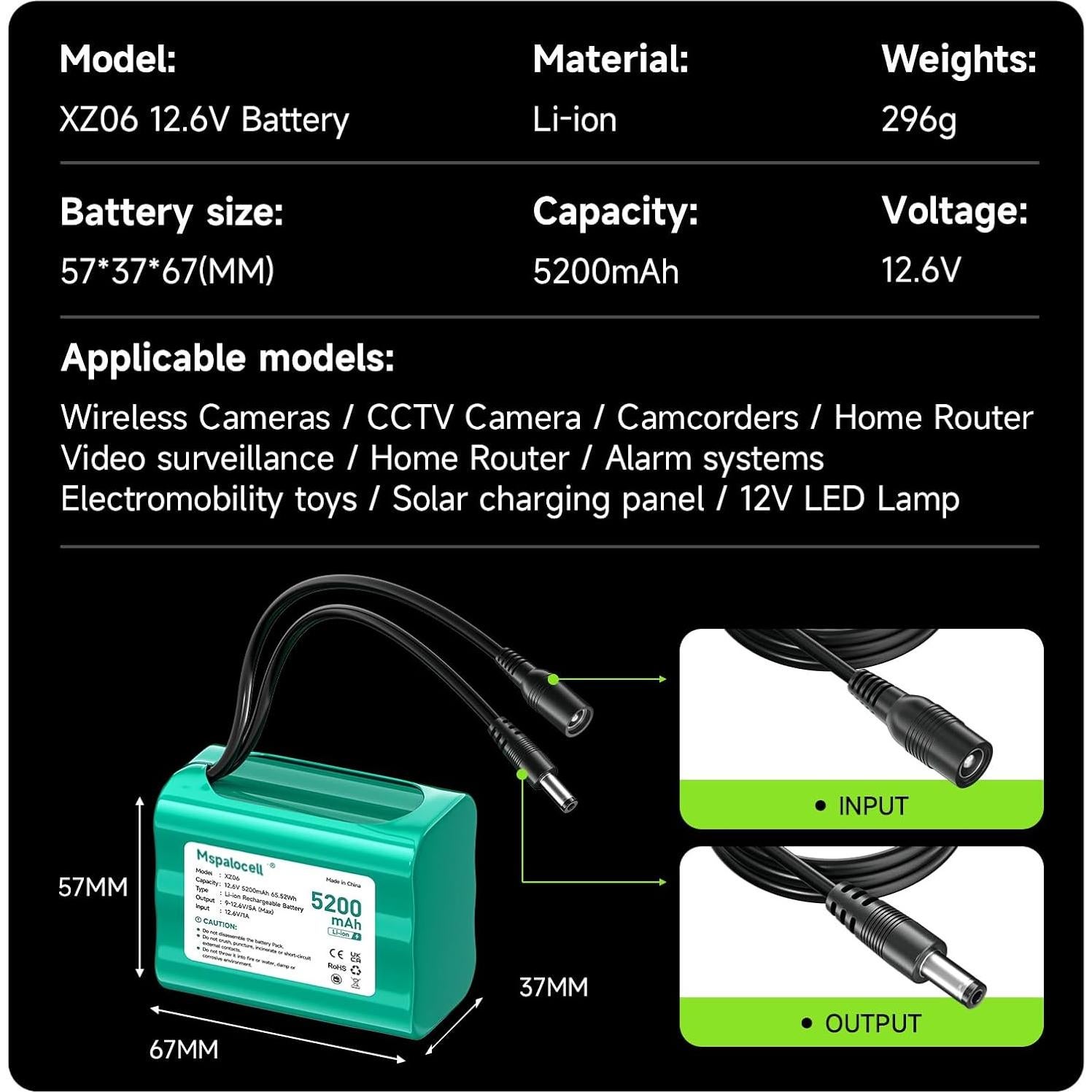 Batería recargable 12V 5200mAh Mspalocell con cargador