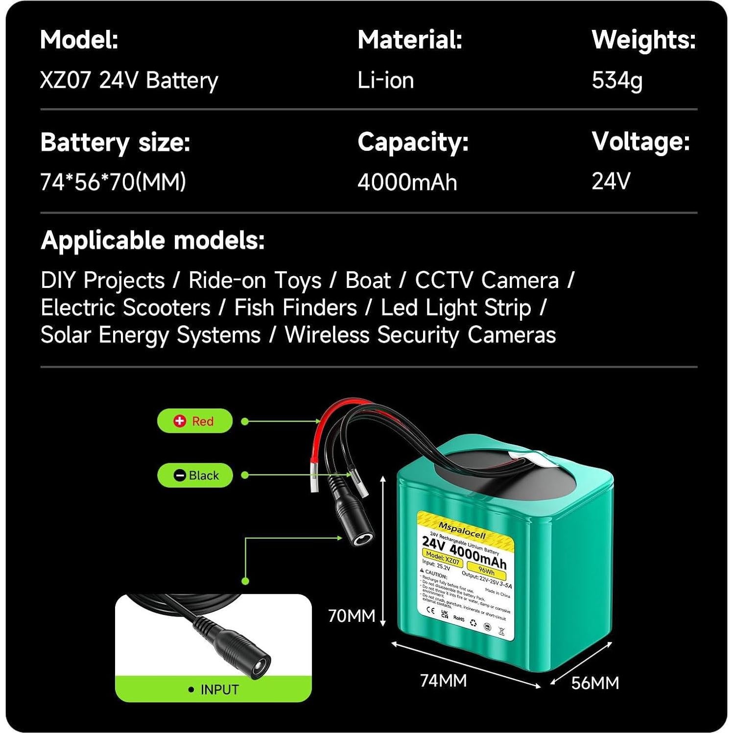 Batería de Litio 24V 4Ah Mspalocell con Cargador y Cables