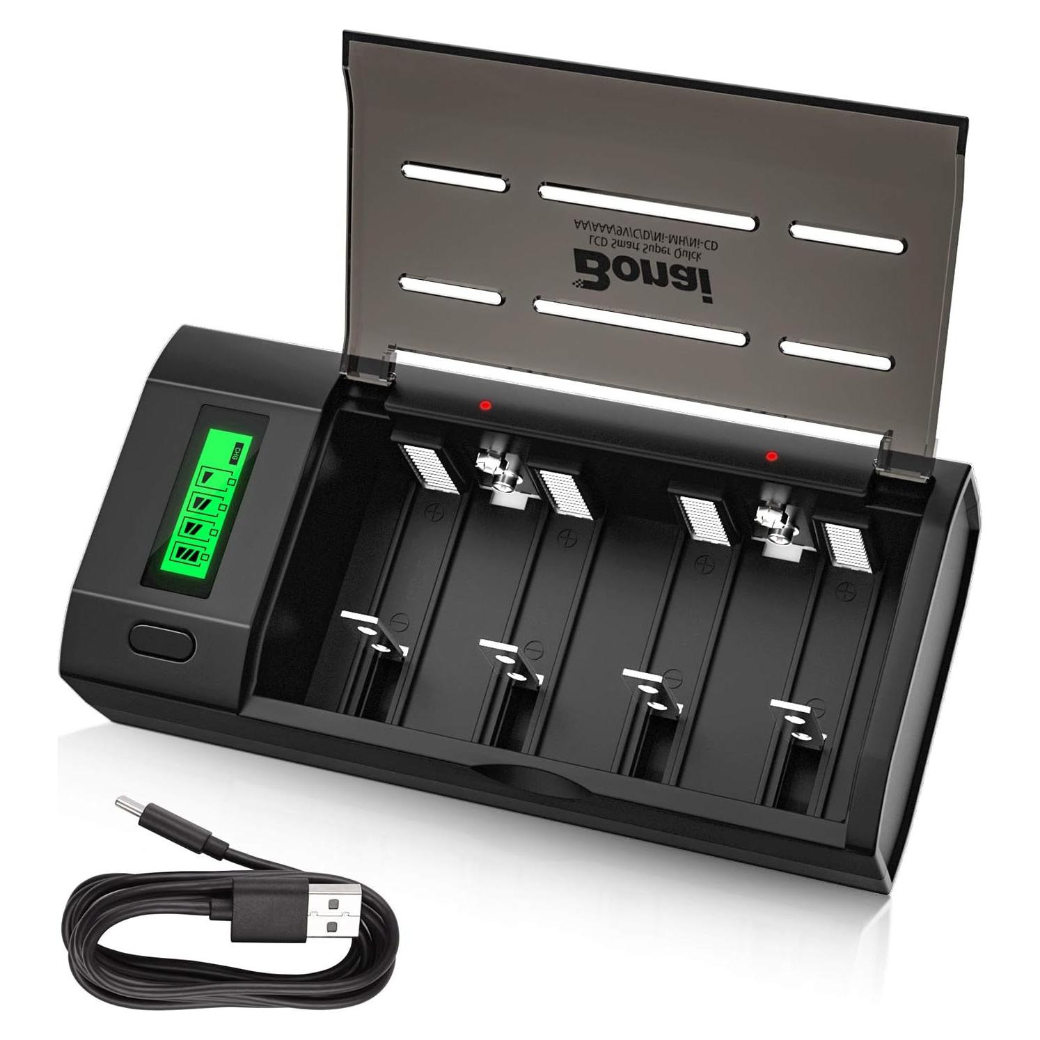 Cargador Inteligente BONAI para Baterías AA AAA C D 9V Ni-MH