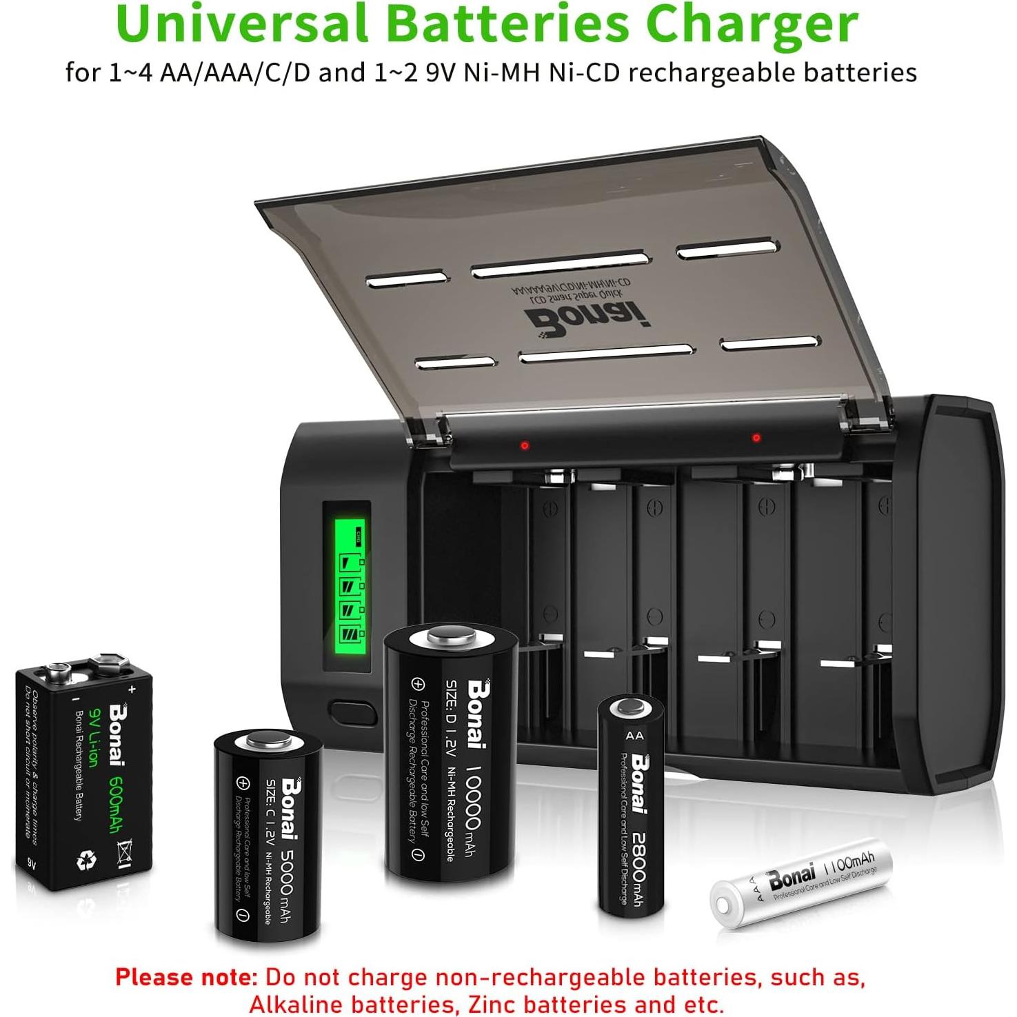 Cargador Inteligente BONAI para Baterías AA AAA C D 9V Ni-MH