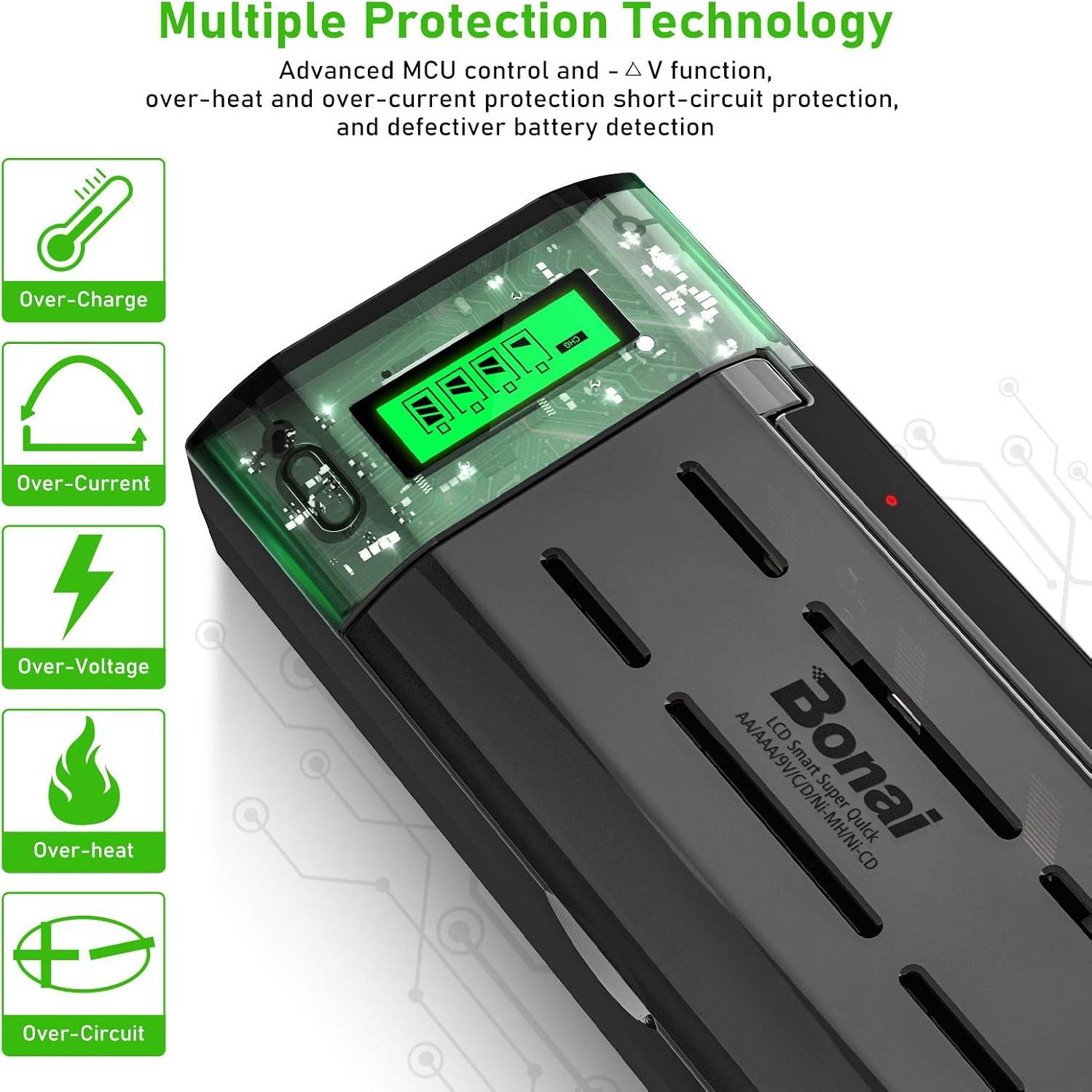 Cargador Inteligente BONAI para Baterías AA AAA C D 9V Ni-MH