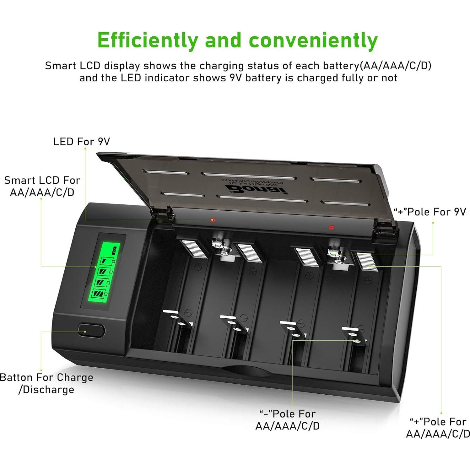 Cargador Inteligente BONAI para Baterías AA AAA C D 9V Ni-MH