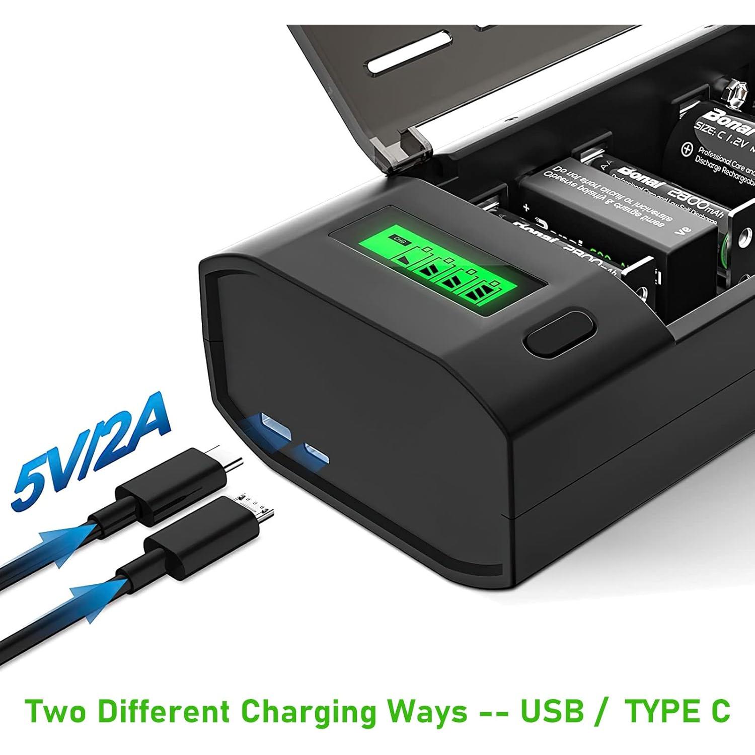 Cargador Inteligente BONAI para Baterías AA AAA C D 9V Ni-MH