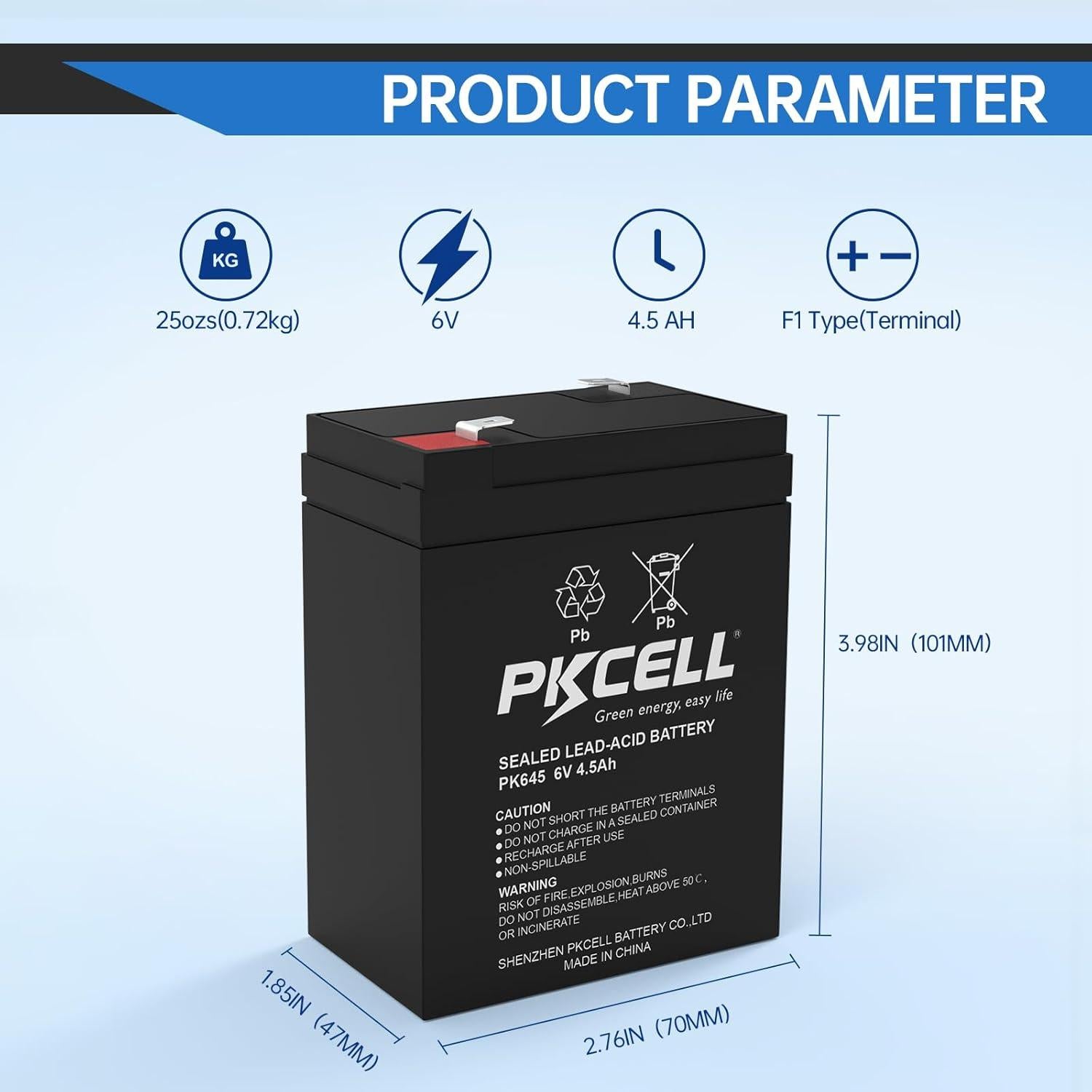 Batería Recargable PKCELL 6V 4.5Ah SLA para Juguetes y Alarmas