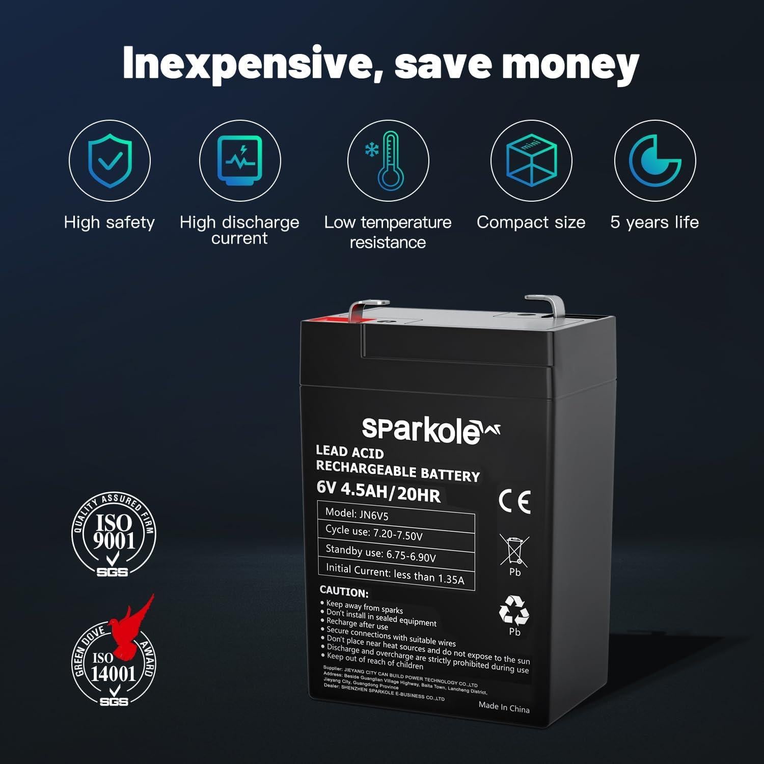 Batería de plomo ácido 6V 4.5Ah Sparkole para juguetes y emergencia