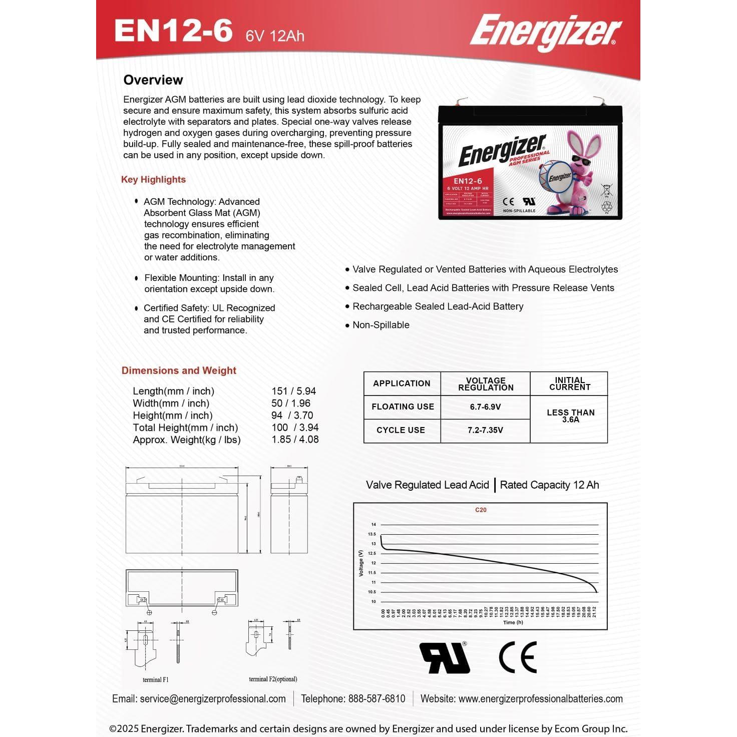 Batería Recargable Energizer EN12-6 AGM 6V 12Ah para Emergencias