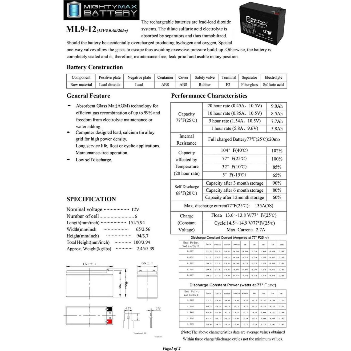 Batería recargable SLA AGM 12V 9Ah Mighty Max ML9-12