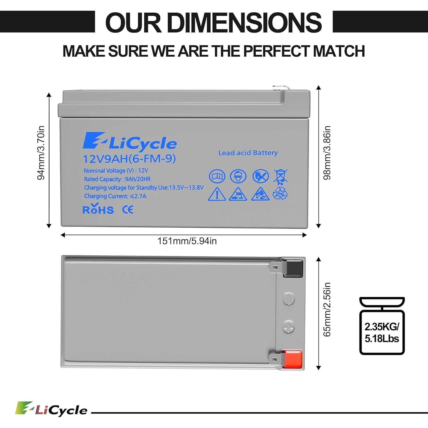 Paquete de 2 Baterías AGM 12V 9AH E LiCycle - Reemplazo Compatible