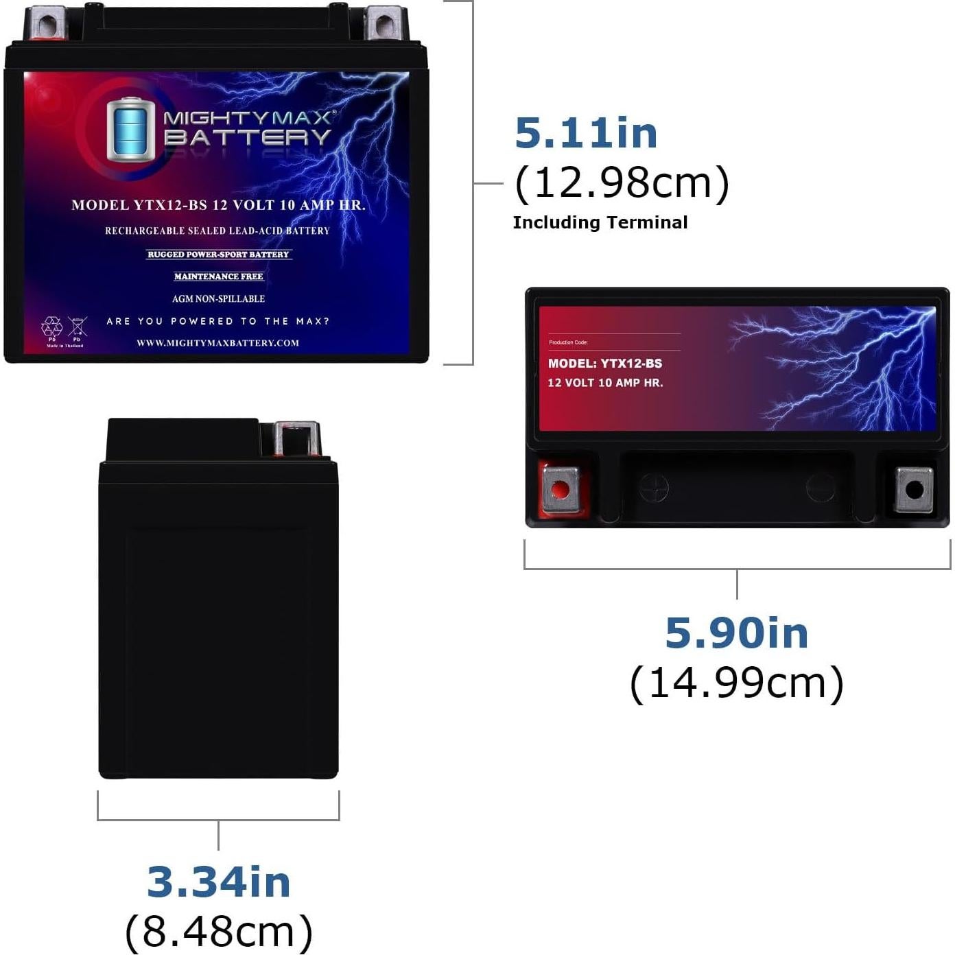Batería Mighty Max YTX12-BS 12V 10AH 180 CCA para Motocicleta