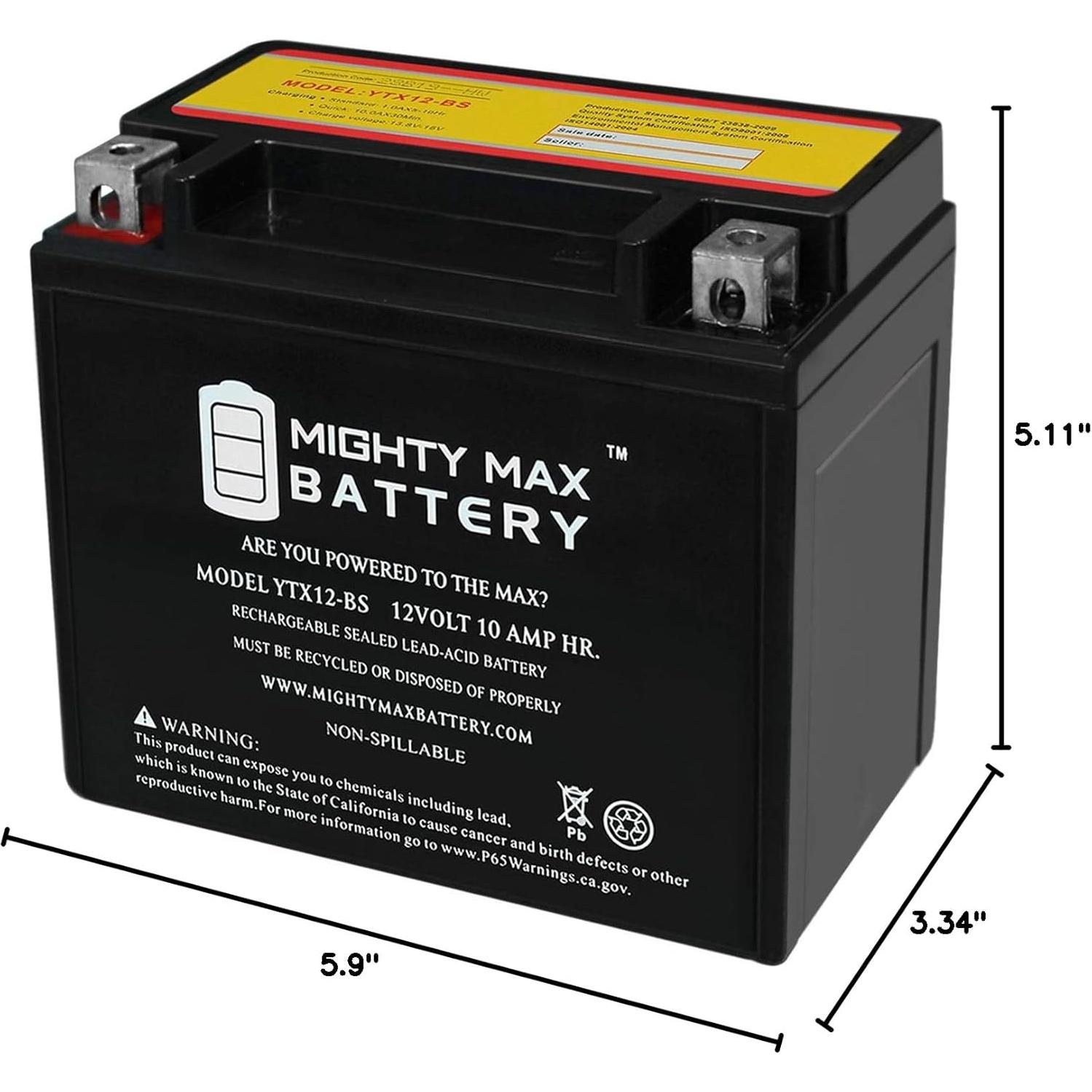 Batería Mighty Max YTX12-BS 12V 10AH 180 CCA para Motocicleta