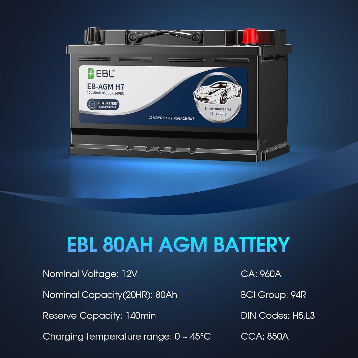 Batería de Automóvil EBL AGM 12V 80Ah Grupo 94 H7