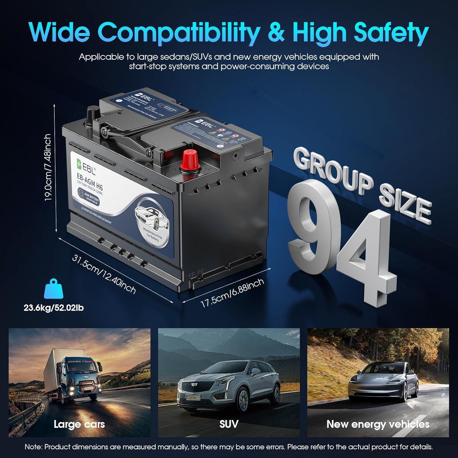 Batería de Automóvil EBL AGM 12V 80Ah Grupo 94 H7